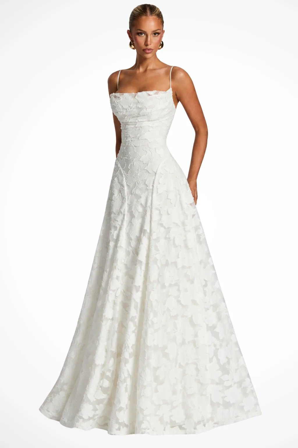 Maxikleid f��r Hochzeitsg?ste mit Wasserfallausschnitt und Blumenspitze | Festliches langes Abendkleid f��r Damen und feierliche