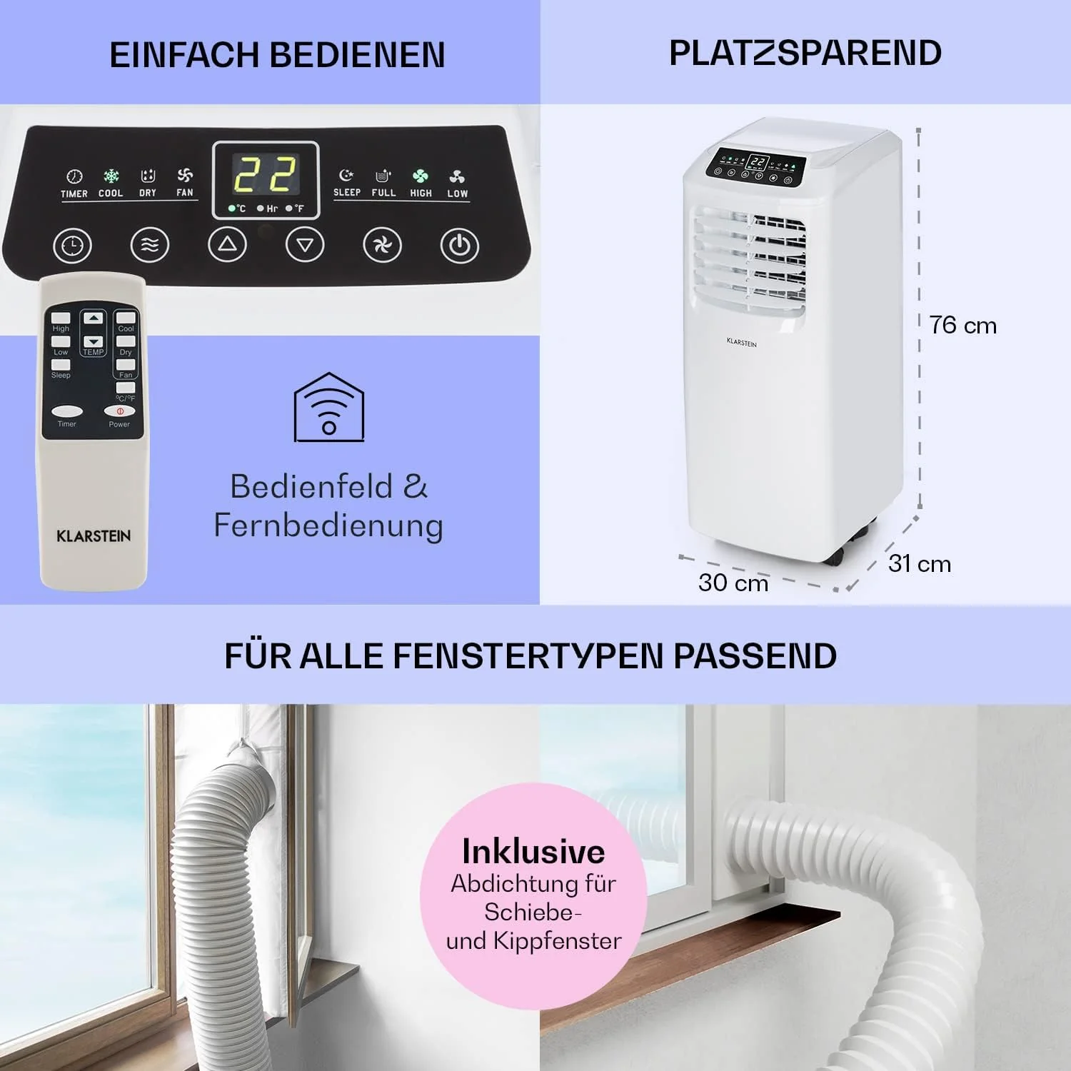 Klarstein Airconditioner, 4-in-1 Airconditioningsysteem, Luchtontvochtiger, Ventilator & Nachtmodus, Mobiele airconditioner met afvoerslang, App-bediening, Airconditioner voor ruimtes tot 44 m2, 9000 BTU, Wit