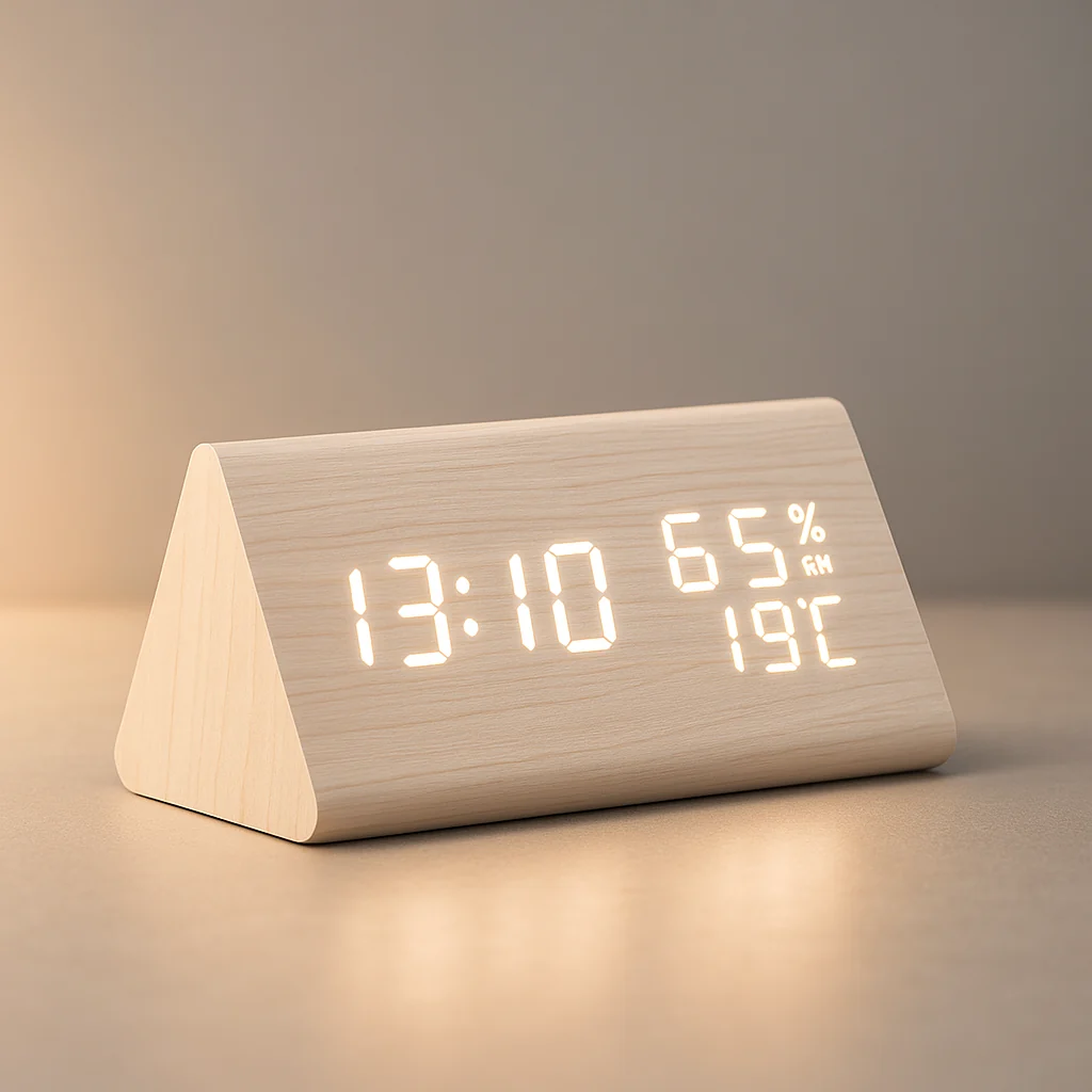Moderner digitaler LED-Wecker aus Holz mit Temperaturanzeige