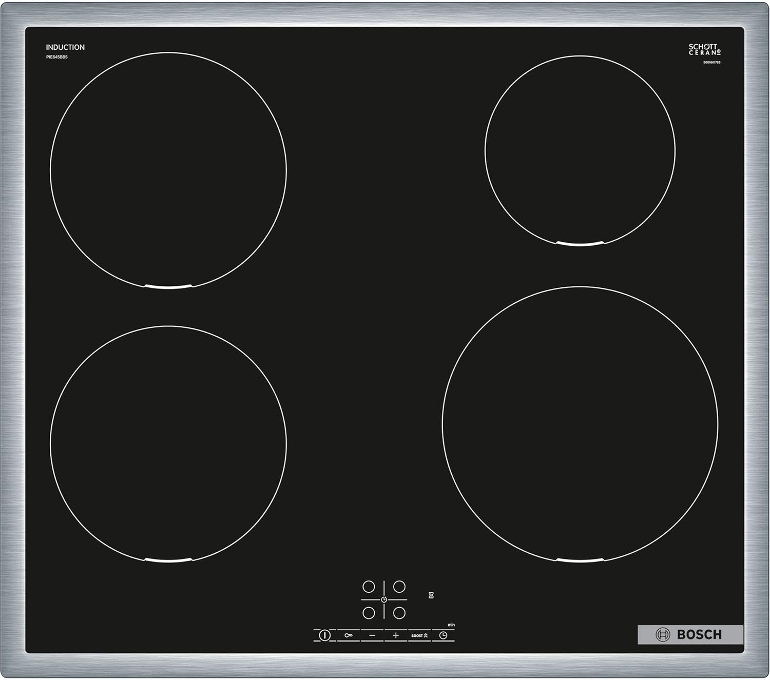 BOSCH PIE645BB5E Induktionskochfeld Serie 4, autarkes Glaskeramik-Kochfeld 60 cm breit, TouchSelect, PowerBoost, ReStart, Umlaufender Rahmen, Timer mit Abschaltfunktion, Schwarz