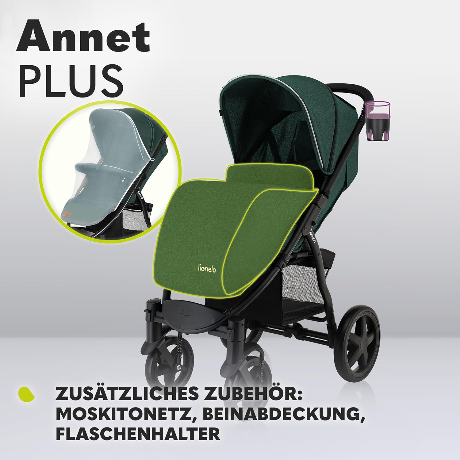 LIONELO Annet Plus Buggy bis 22 kg mit Liegefunktion, Kinderwagen klein zusammenklappbar mit Zubehör, Eva-Schaum-Räder, Moskitonetz, Fußdecke Getränkehalter, Korb