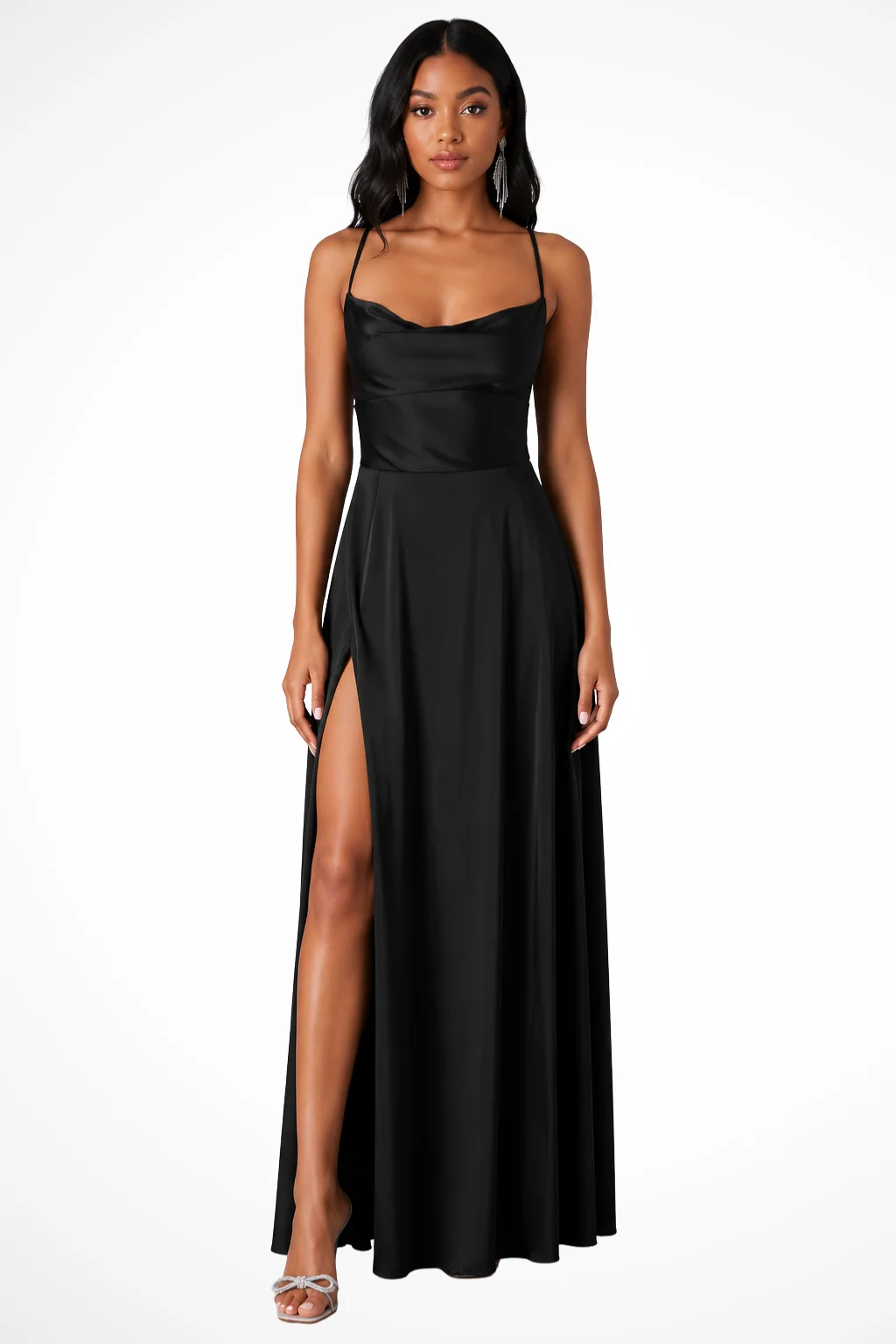 Damen Satin Maxikleid mit Wasserfall-Ausschnitt & Seitenschlitz - Elegantes Abendkleid f��r Hochzeitsg?ste & festliche Anl?sse