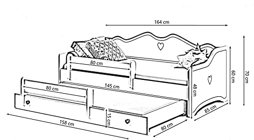 Dmora Singolo per Bambini, Divano Letto con Secondo Estraibile, Lettino con Decorazione e Protezione anticaduta, cm 164x88h70, Colore Bianco e Grigio, Legno : Casa e cucina
