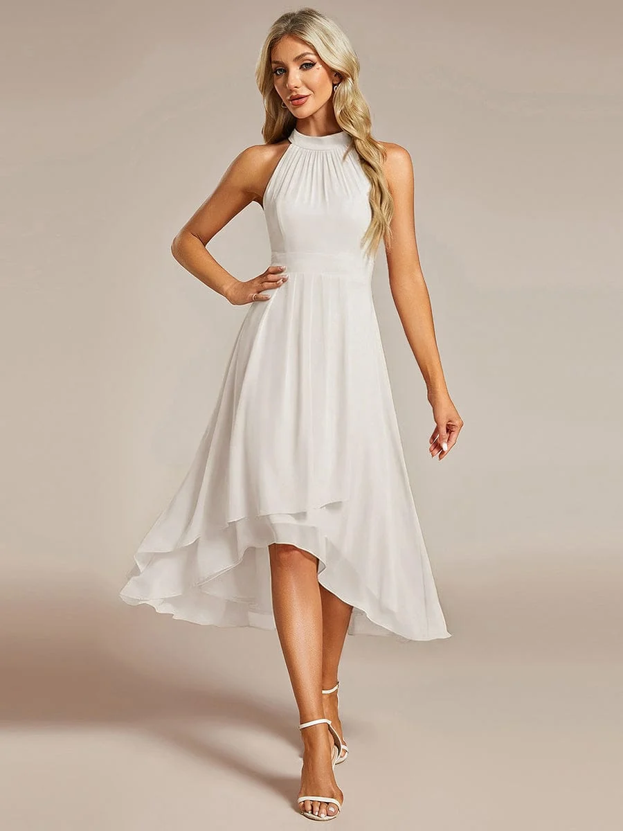 Damen Chiffon Midi-Kleid in A-Linie | Festliches Halterneck Kleid mit Plissee-Details | Sommerliches Kleid f��r Hochzeitsg?ste