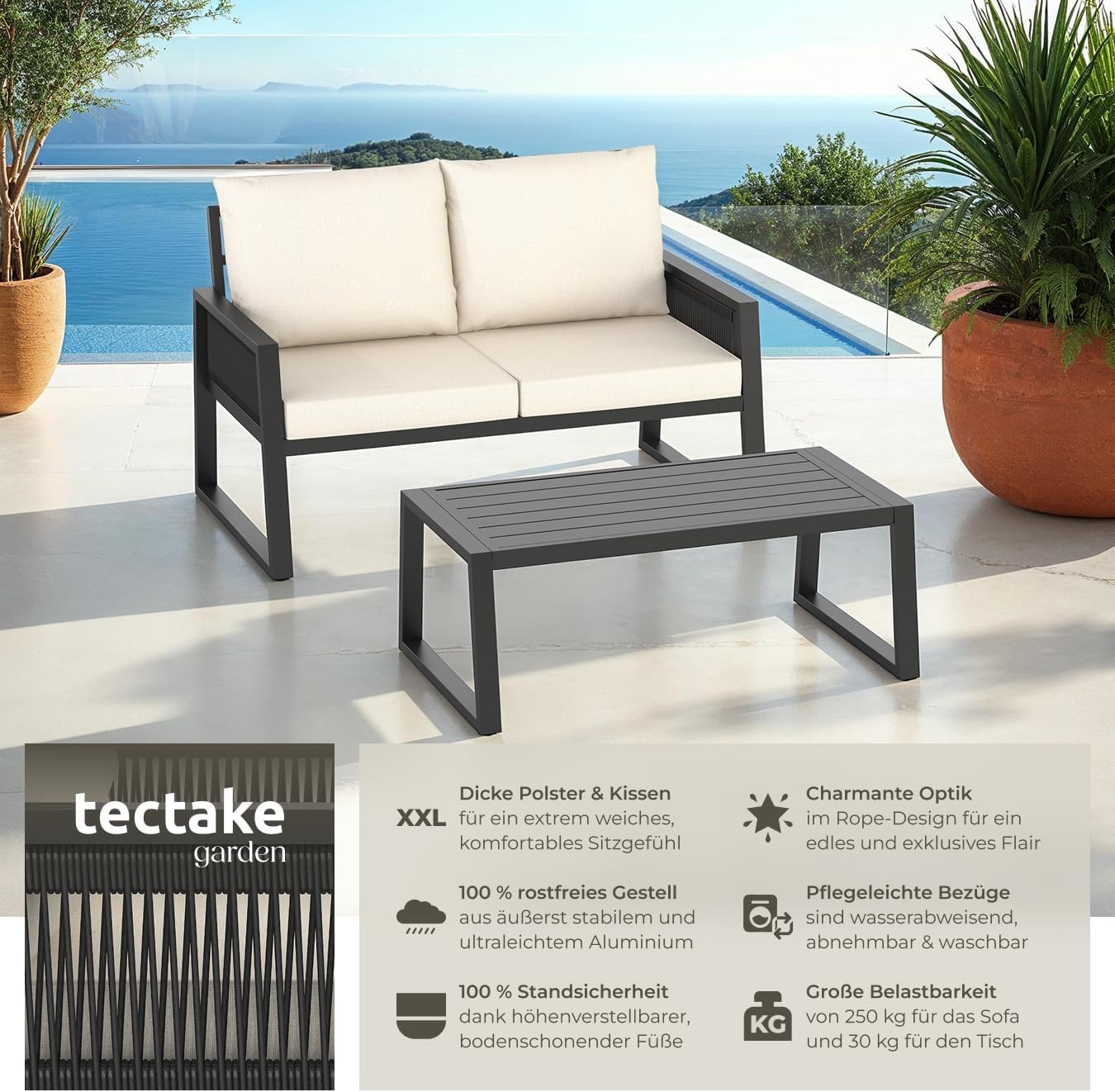 tectake® Rope Design Lounge Möbel Set für Garten oder Balkon, Aluminium Outdoor Sitzgruppe Terrassenmöbel mit Sofa und Tisch in Holz Optik, inkl. Gartenmöbel-Kissen, wetterfest