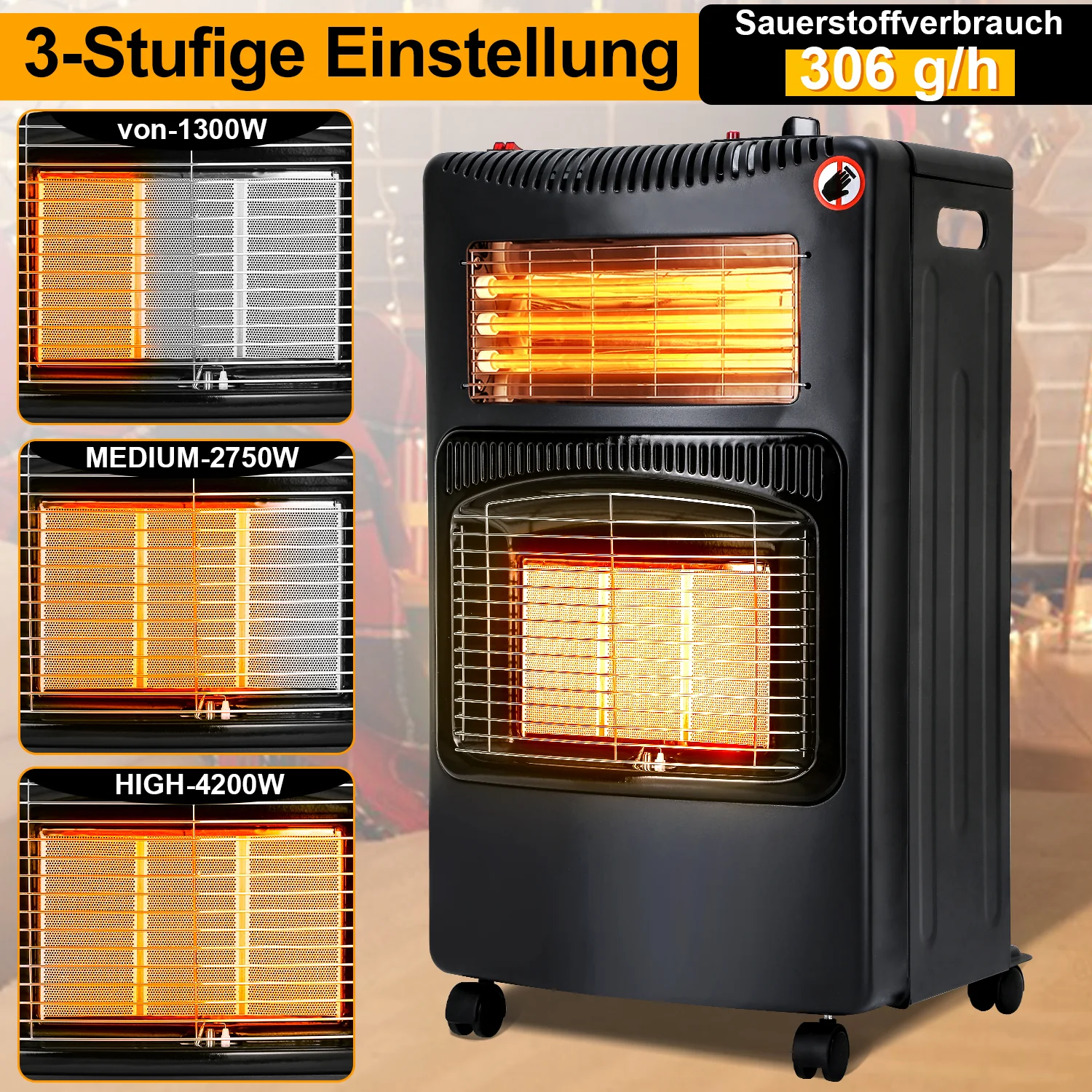 Sonnewelt Gasheizung 4200w und 1260w Gas-Elektro-Heizgert mit Gasdruckregler, Gasschlauch, Gasflaschen Adapter