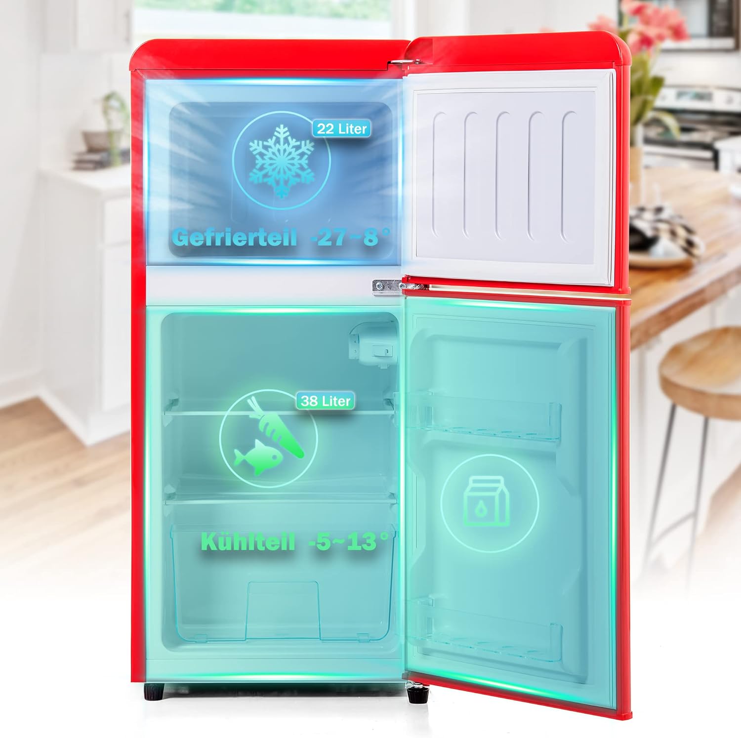 DRIXNO Retro-Kühlschrank Rot Gefrierkombination. 86,8 cm hoch, 45,5 cm breit, zweitürig, mit 60 Liter Gesamtvolumen, 22 Liter Gefriervolumen. 163 kWh/Jahr, -27°C ∽ 13°C, LED-Licht