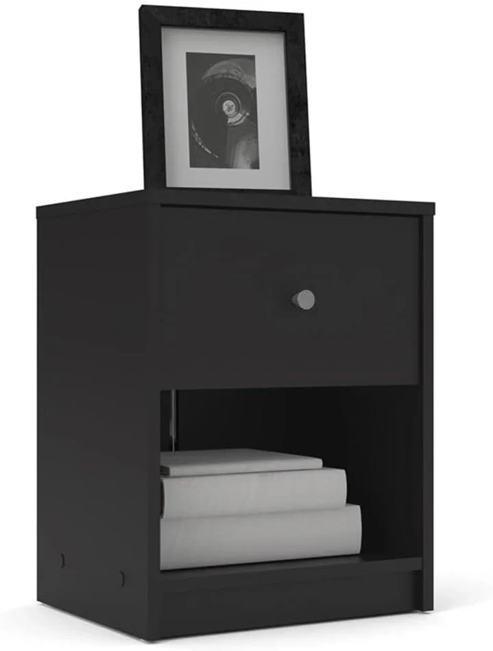 3-Pc Scandinavian Design Engineered Wood Bedroom Furniture Set with 3-Drawer Chest & 6-Drawer Double Dresser & 1-Drawer Nightstand, Pewter Plastic Handles, Smooth Plastic Glides, in Black