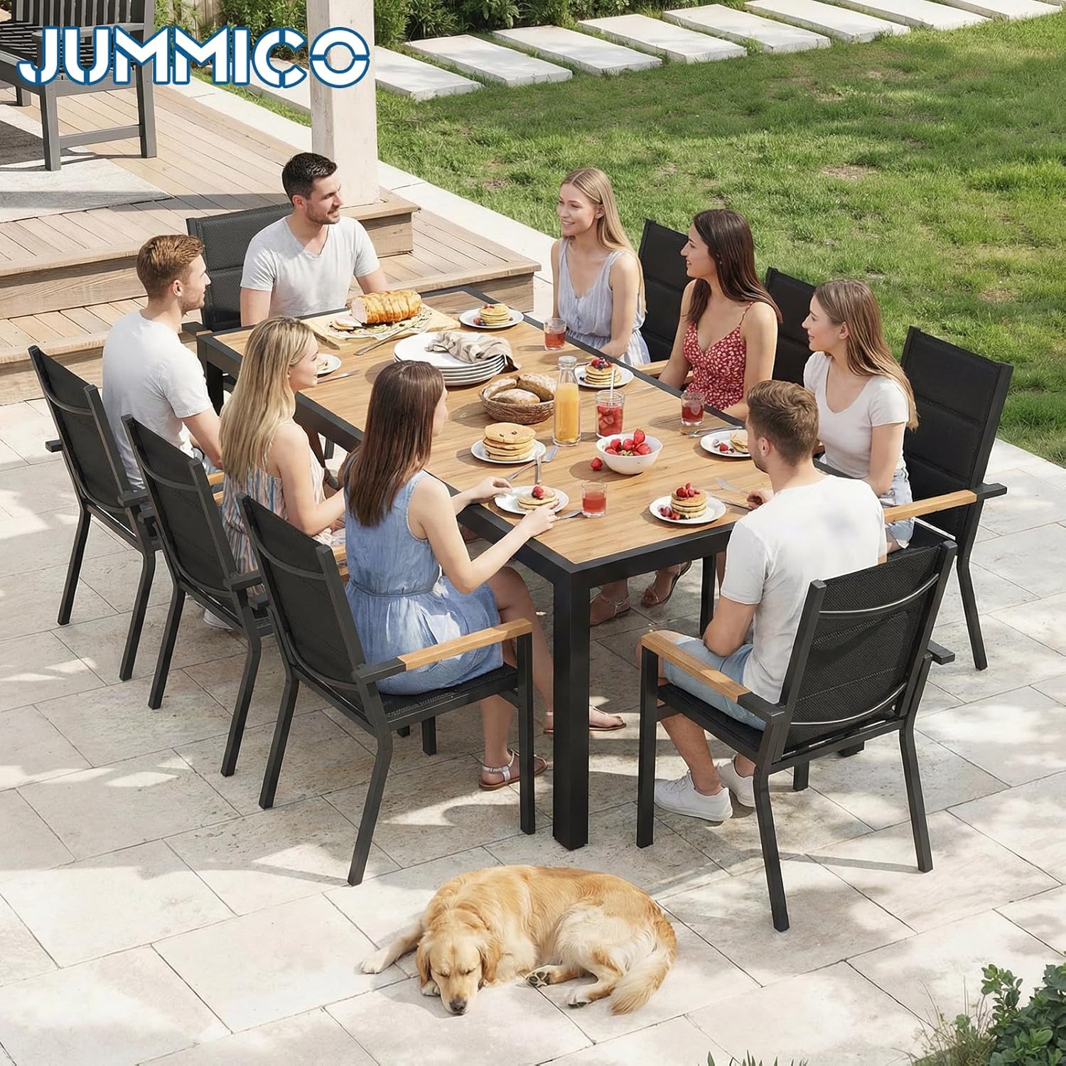 JUMMICO Gartenmöbel Set Terrassen Set Aluminium Gestell mit Holzoptik PS Tischplatte Komfortabler Hochlehner Einfach Montiert,8 Personen Set
