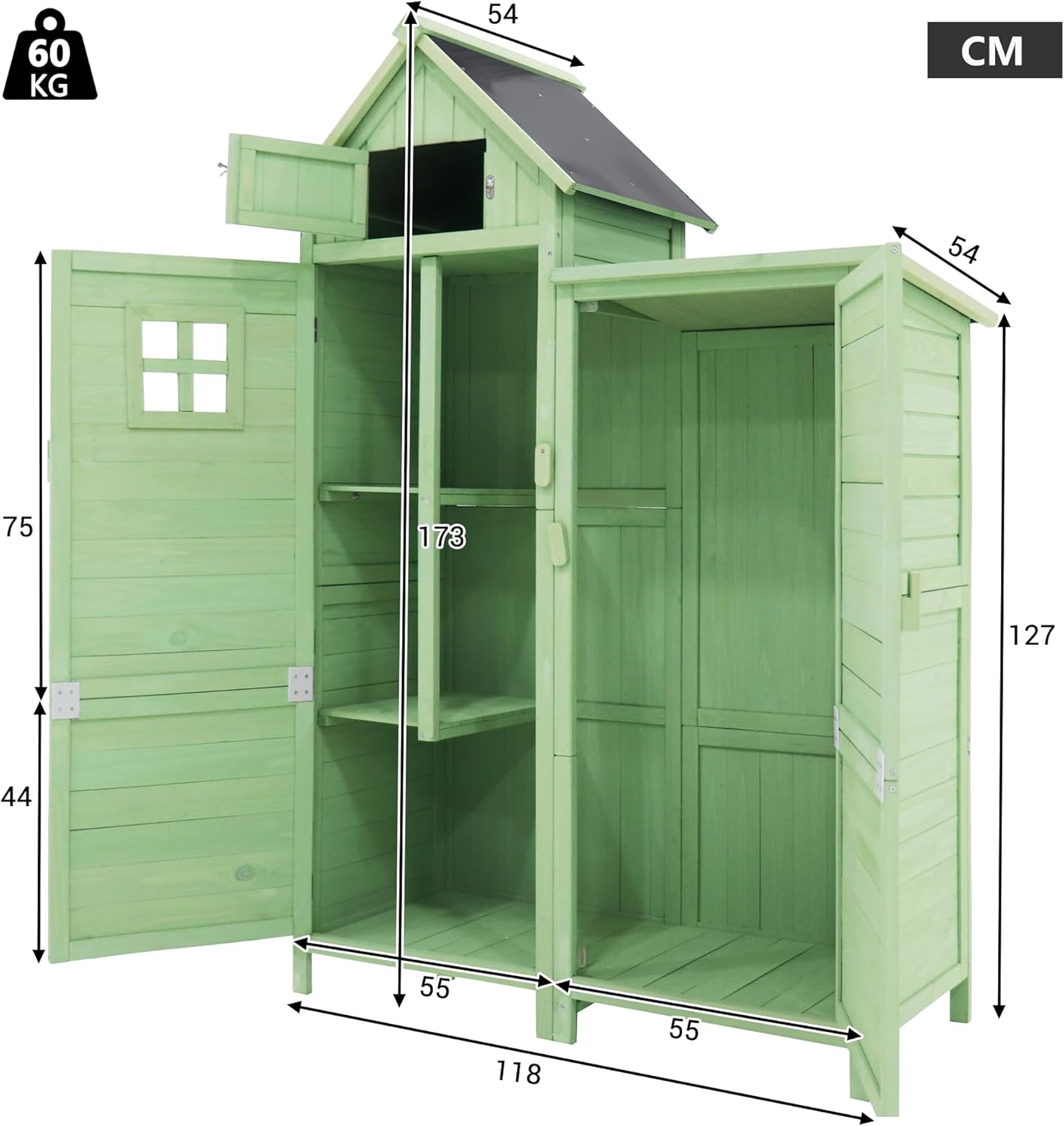 Gerätehaus Gartenschrank Geräteschuppen Geräteschrank, BxT: 118x54cm, 118X54X173cm (BxTxH), wetterfest, Holz, PVC-Dach (Set, 1 St., 1 x Geräteschrank) (Grünes)