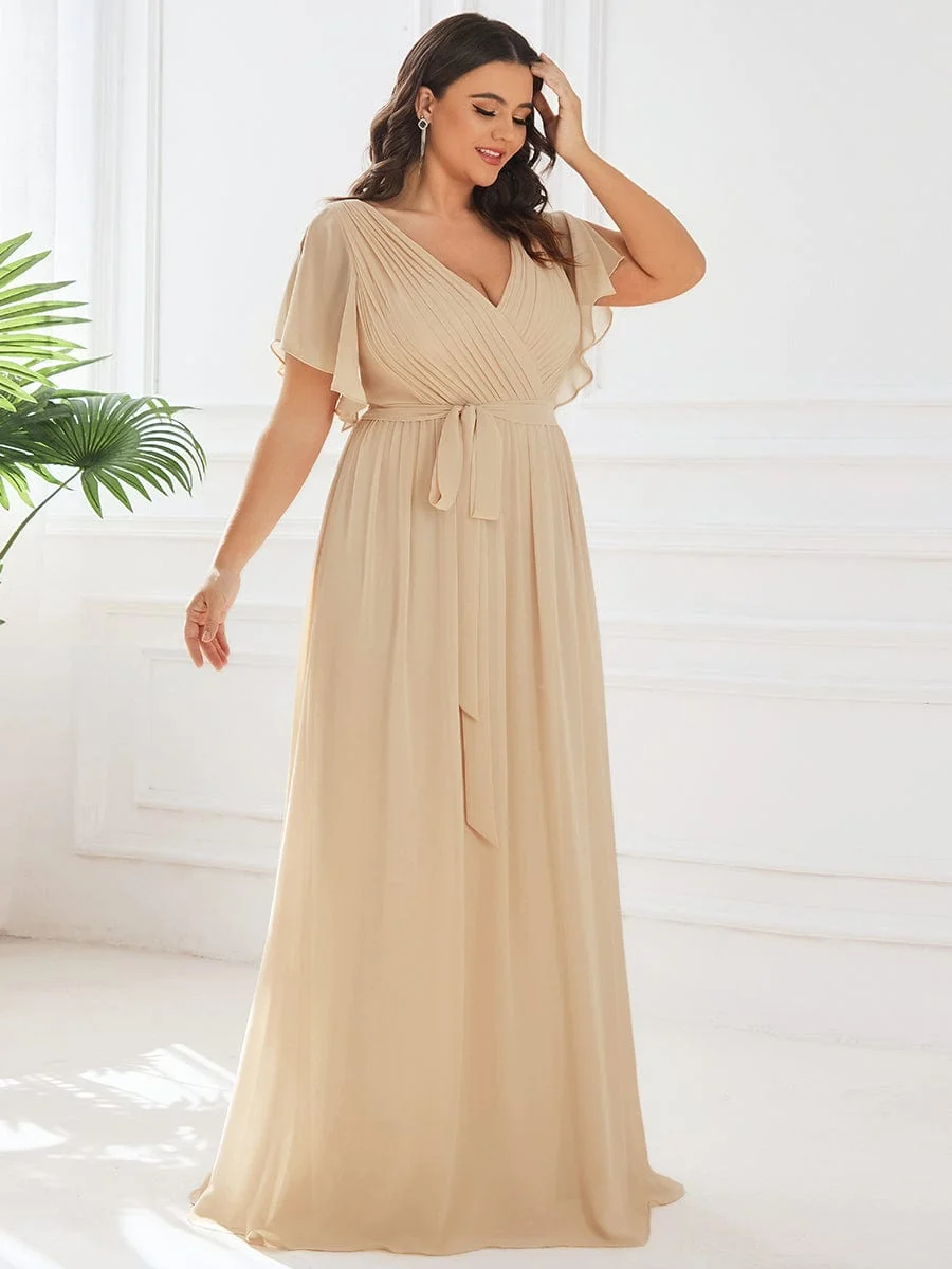 Abendkleid Damen Maxi A-Linie aus Chiffon | Festliches Kleid f��r Hochzeitsg?ste mit V-Ausschnitt und Fl��gel?rmeln