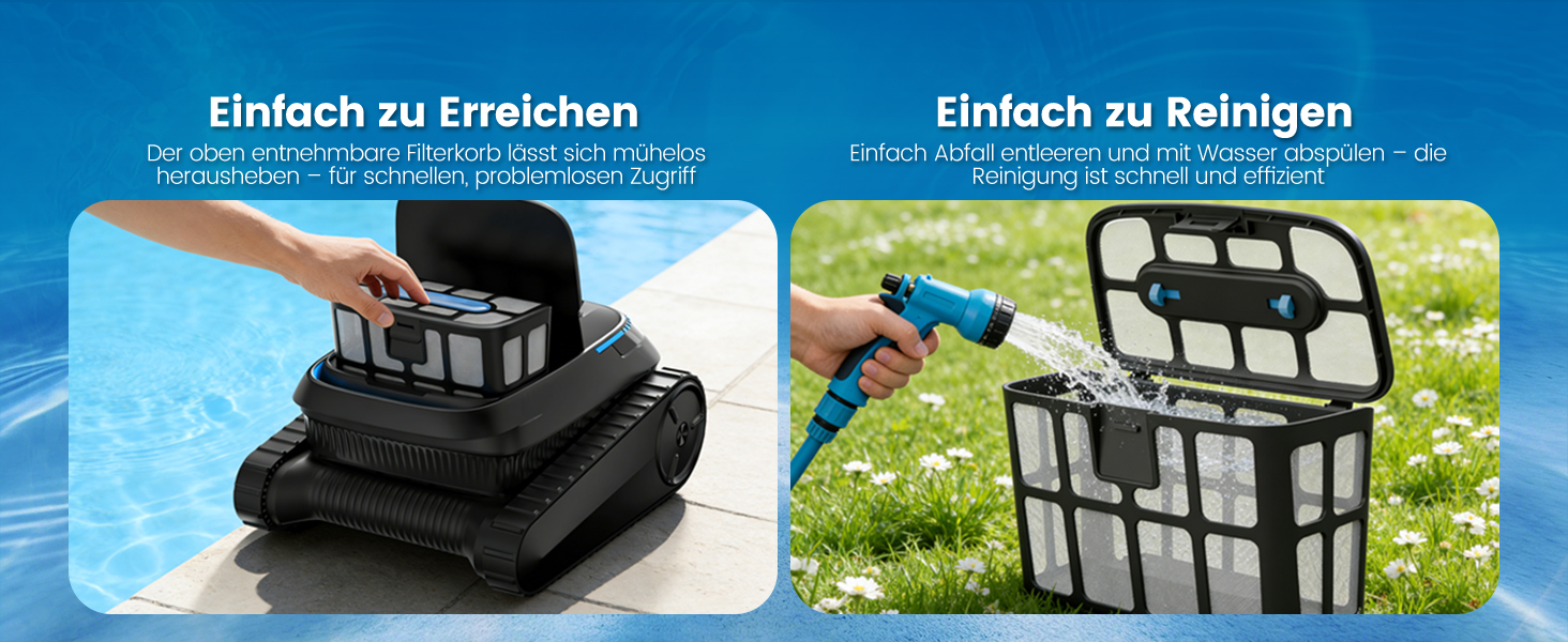 Der Text lautet „Einfach zu erreichen“ und „Einfach zu Reinigen“. Marketingbanner mit Funktionen zur Barrierefreiheit bei der Reinigung mit blauem Hintergrund und weißen Produktabbildungen.