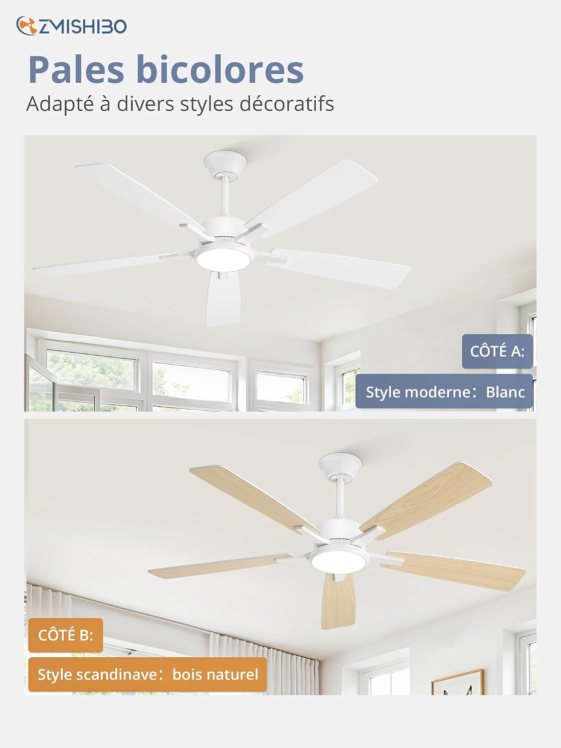 ZMISHIBO Ventilateur de plafond avec lumière 132 cm, Plafonnier ventilateur, APP et télécommande, Moteur DC silencieux, Réversible, 5 pales, LED 3CCT dimmable