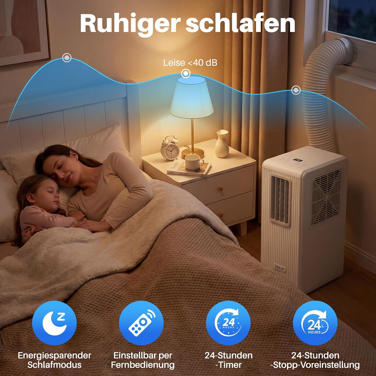 OKYUK Mobiles Klimagerät, 200W Energiesparend, R290 Umweltfreundliches Kältemittel, 3‑in‑1 Klimaanlage, Luftentfeuchter, Ventilator Ventilieren Leise