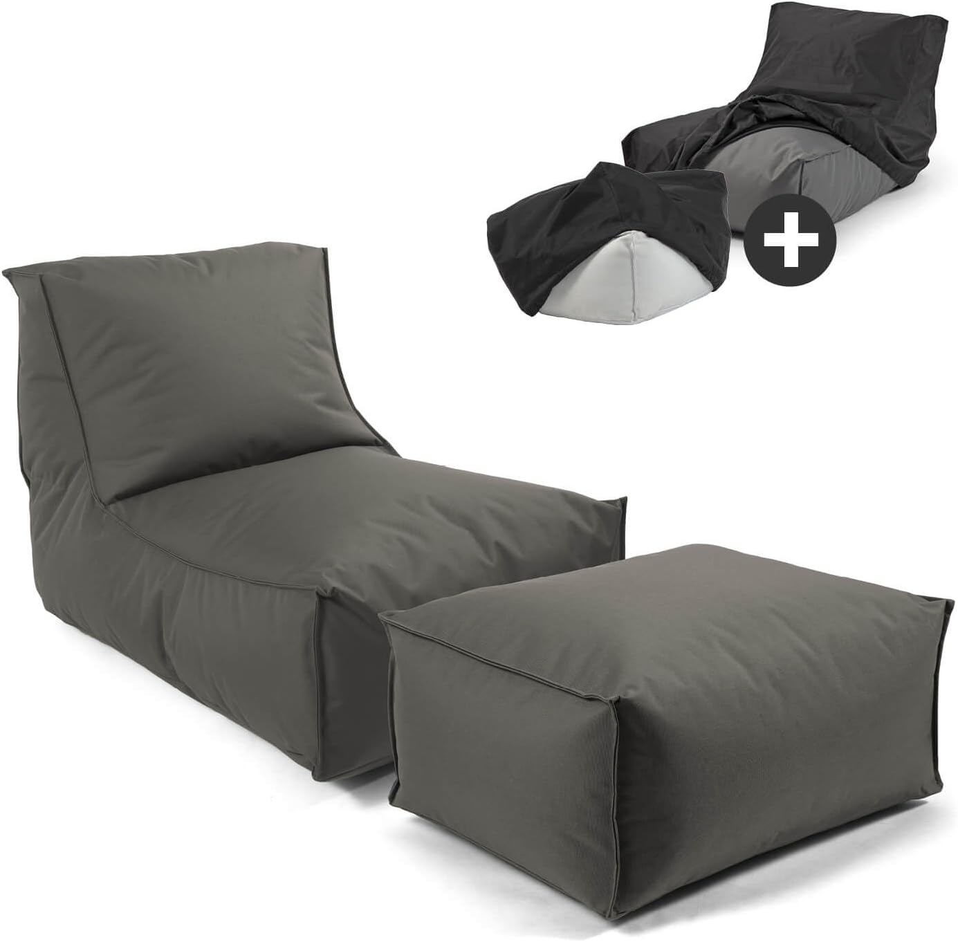 mokebo Sitzsack mit Hocker und Schutzhülle für Kinder & Erwachsene 'Der Sundowner', Bean Bag mit Füllung oder Bodenkissen für Indoor & Outdoor, auch als Liegekissen oder Liege in Anthrazit