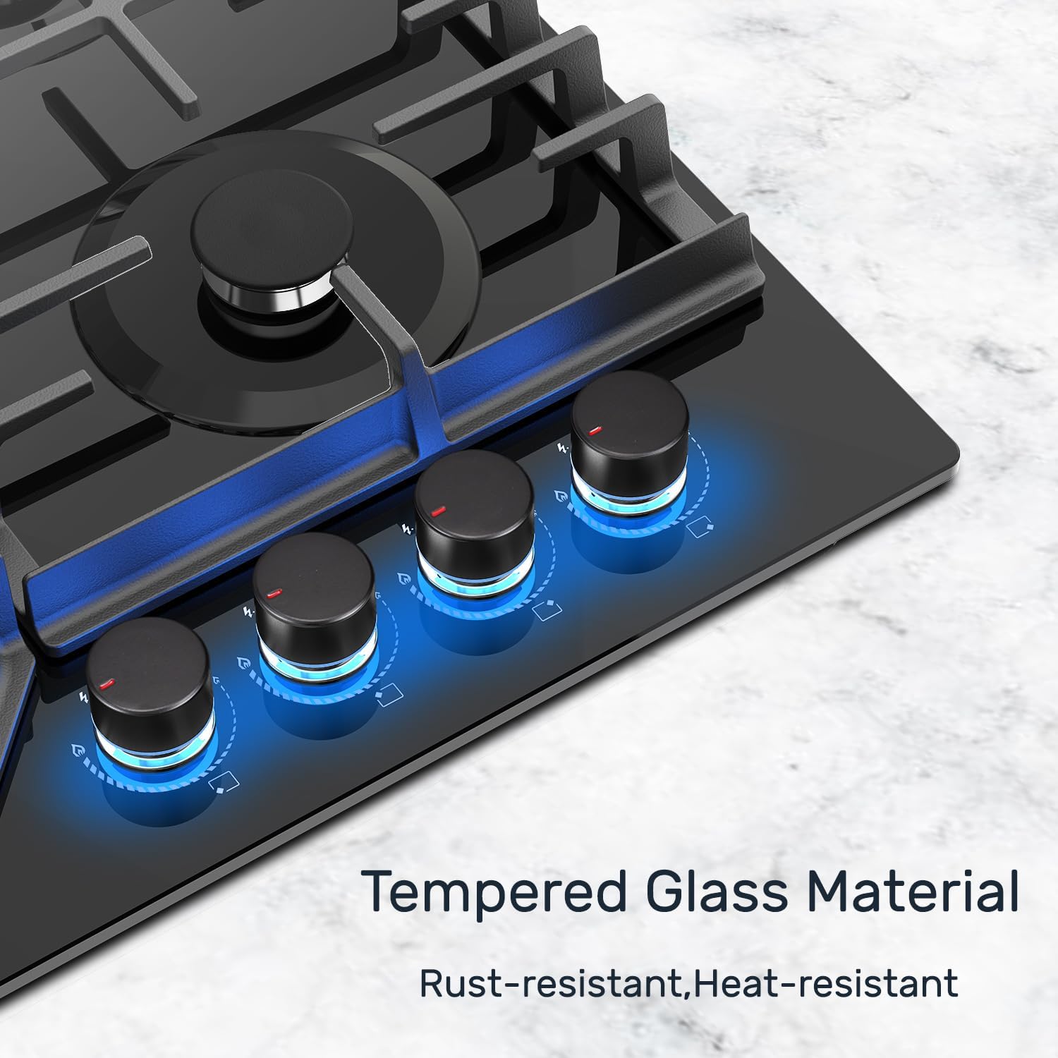 TOPWISH Gaskochfeld 4 flammig,Einbau Gaskochfeld,Gaskochfelder mit rote beleuchteter Drehknopf,ghärtetes Glas-Gaskochfeld,Glasherd,NG/LPG Konvertierbar,Automatischer Thermoelementschutz,60cm,8000 Watt