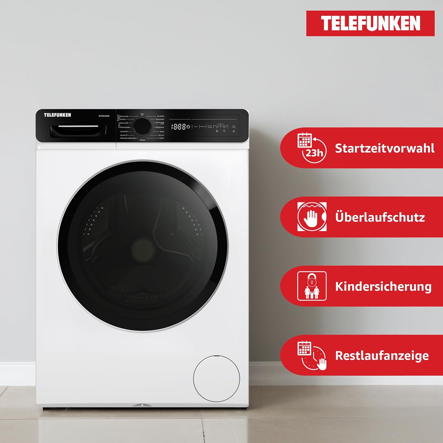 Telefunken Waschtrockner, 9 kg Waschen / 6 kg Trocknen, Waschmaschine mit Trockner integriert, 1400 U/Min, Frontlader Waschtrockner Kombi, Inverter Motor, AquaStop, 15 Programme, Energiesparend, Weiß