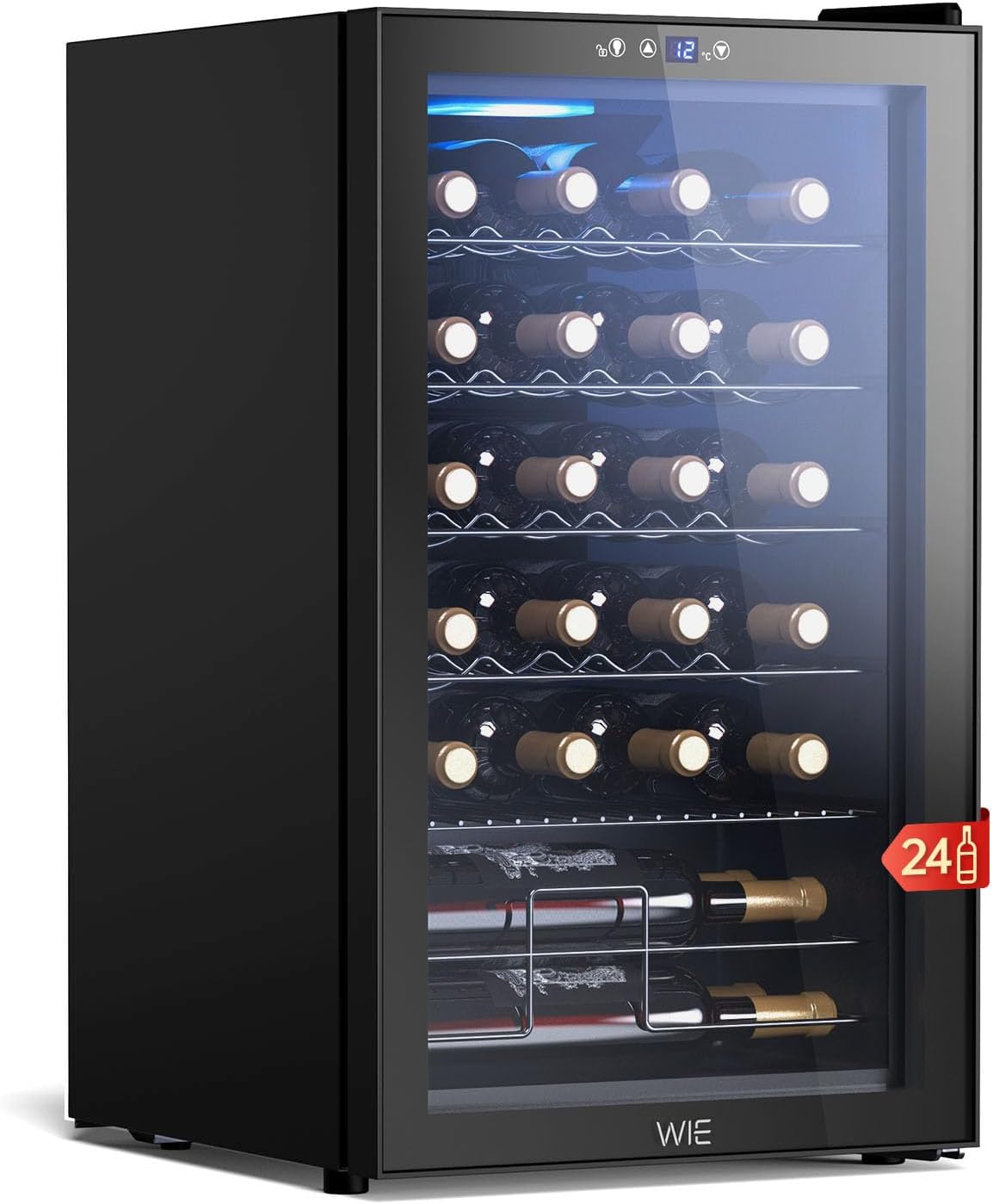WIE Caves à Vin 24 Bouteilles 4–18°C Panneau Tactile LED Porte en Verre | 70L Réfrigérateur Professionnel 6-Étagères Support Réglable Protection Anti-UV Refroidissement Compresseur pour Bureau Maison