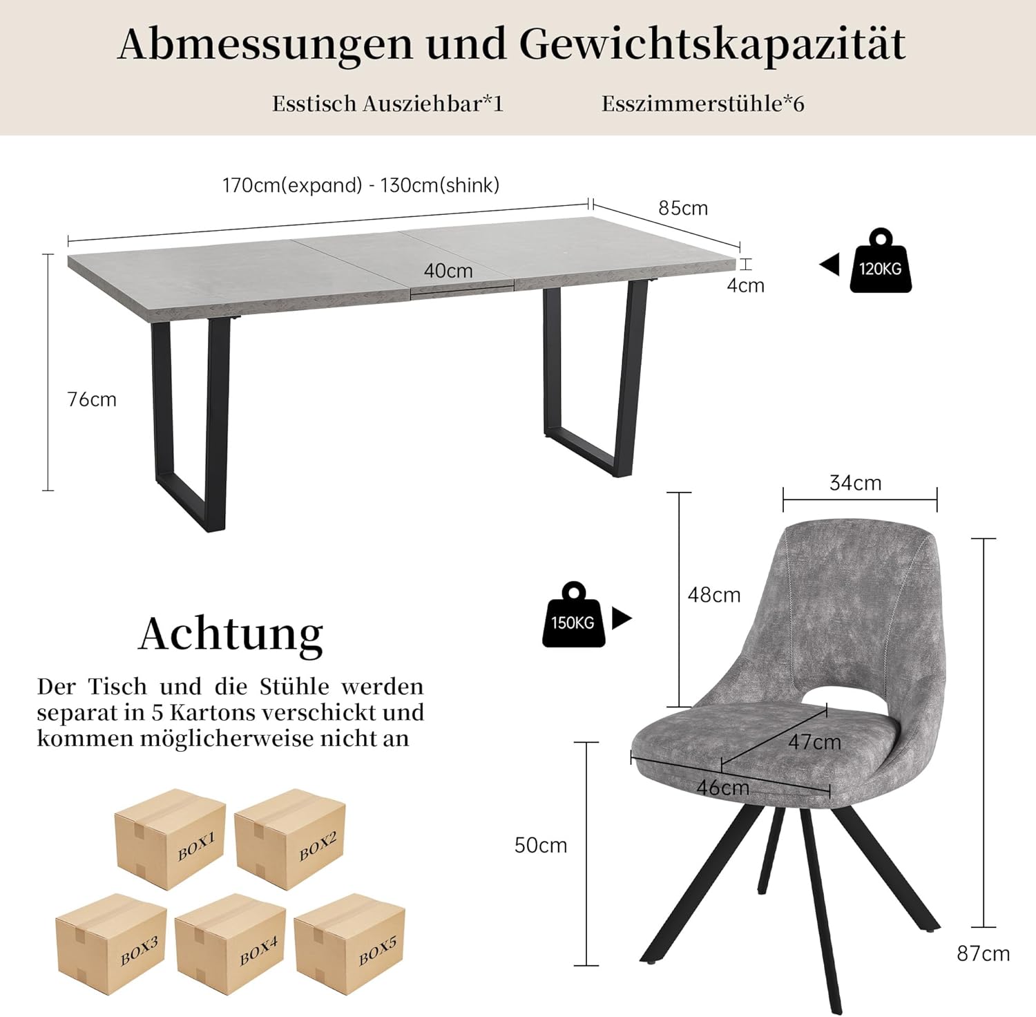 JIEXI Esstisch Mit 4-8 Stühlen Set, Esszimmertisch Ausziehbar, Tisch Esszimmer, Essgruppe Mit 4-8 Stühle, MDF-Platten Holztisch Geeignet Für Wohnzimmer(130-170cm Tisch + 6 X-förmig Grau Stühle)