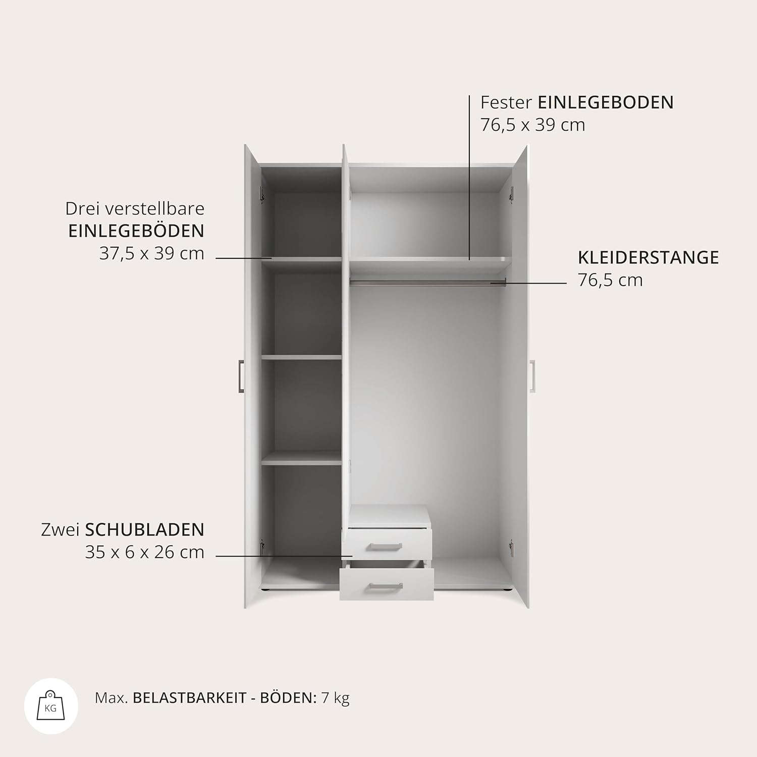Stella Trading KARL Eleganter Kleiderschrank 3-türig mit viel Stauraum - Vielseitiger Drehtürenschrank in Weiß mit Spiegeltür - 120 x 195 x 55 cm (B/H/T)