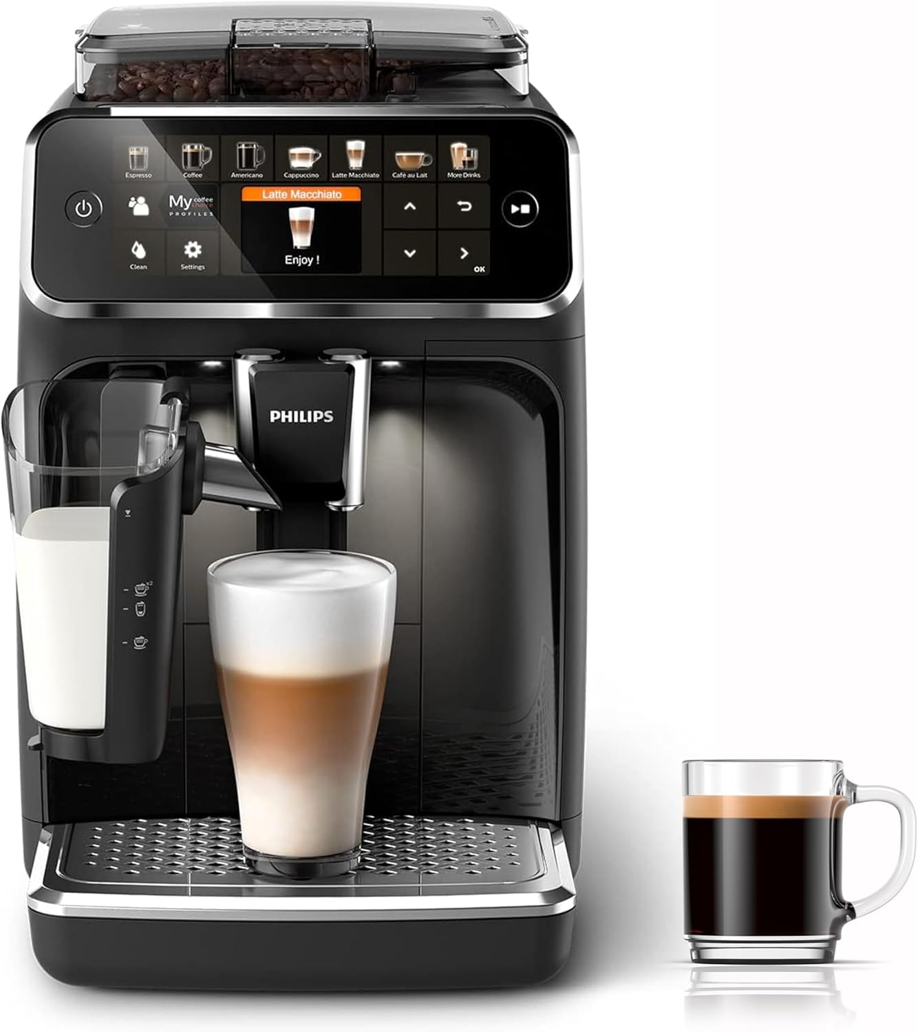 Philips 5400 Series W pełni automatyczny Ekspres do Kawy – Spieniacz LatteGo, 12 Rodzajów Napojów, Intuicyjny Wyświetlacz, 4 Profile Użytkownika, Filtr AquaClean w zestawie, Kolor Chrom (EP5447/90)
