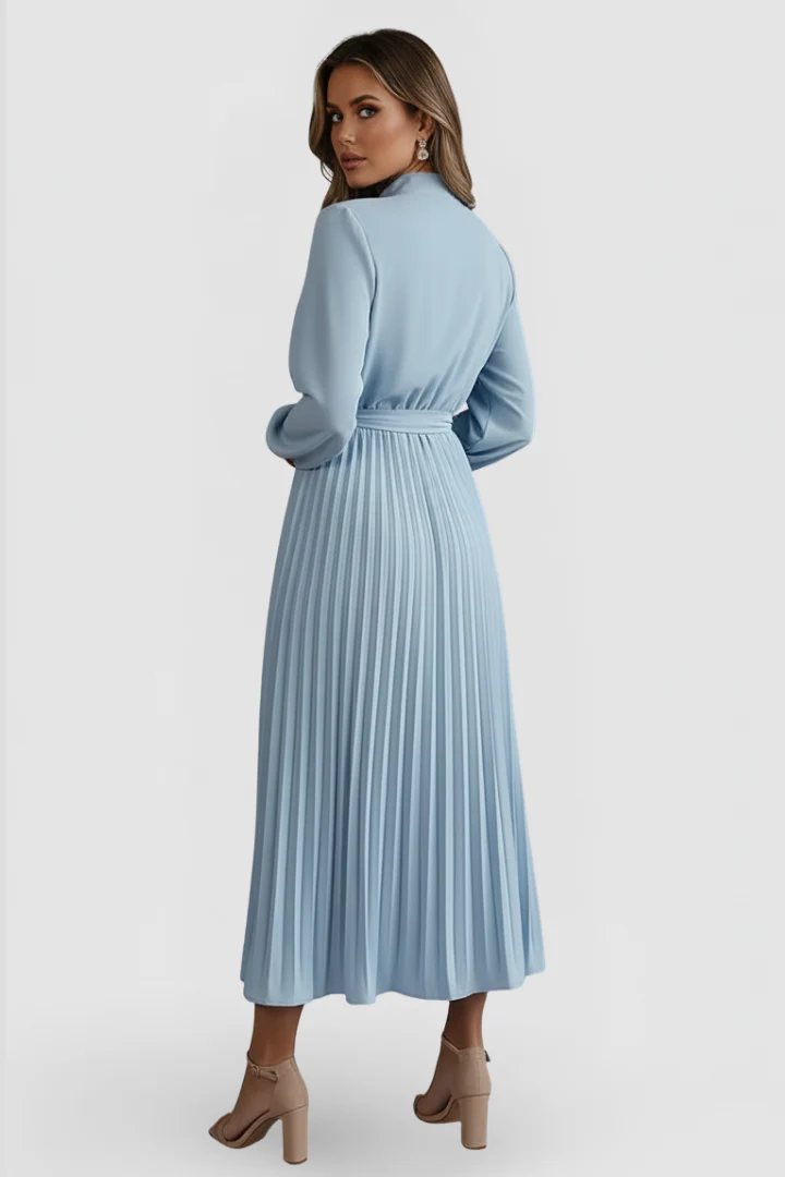 Plissee-Kleid f��r Damen mit Langarm und Bindeg��rtel | Elegantes Midikleid hochgeschlossen mit gerafftem Ausschnitt