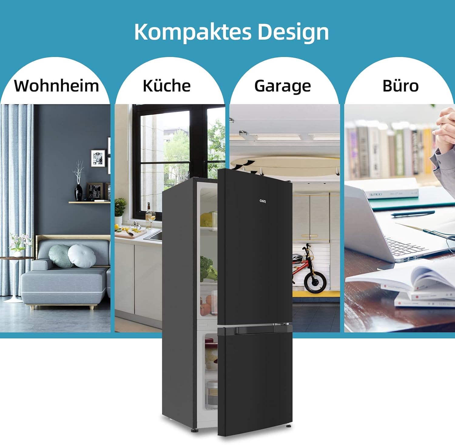 CHIQ Freistehender Kühlschrank mit Gefrierfach | Kühl-Gefrierkombination 114 cm Höhe, 47 cm Breit, 117L| 4 Sterne Gefrieren -24℃ | LED Litcht | Dunkler Edelstahl Look, for Eigentumswohnungen