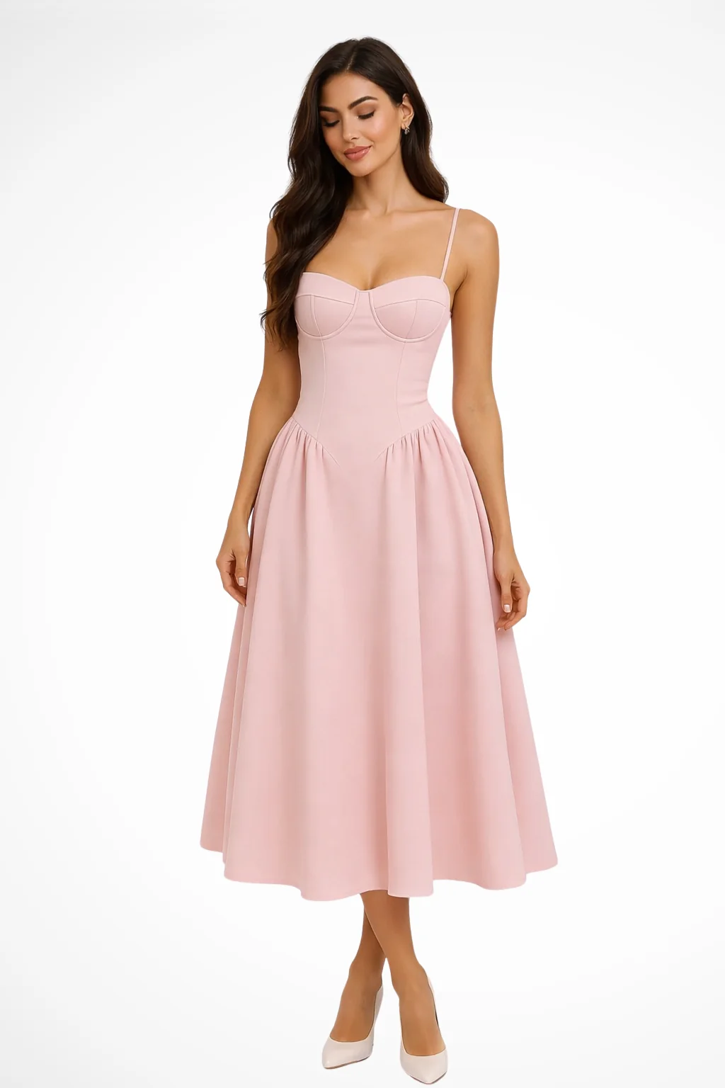 Damen Midi-Kleid mit Korsett-Oberteil | Festliches A-Linien Kleid f��r Hochzeitsg?ste | Schmale Tr?ger & ausgestellter Rock