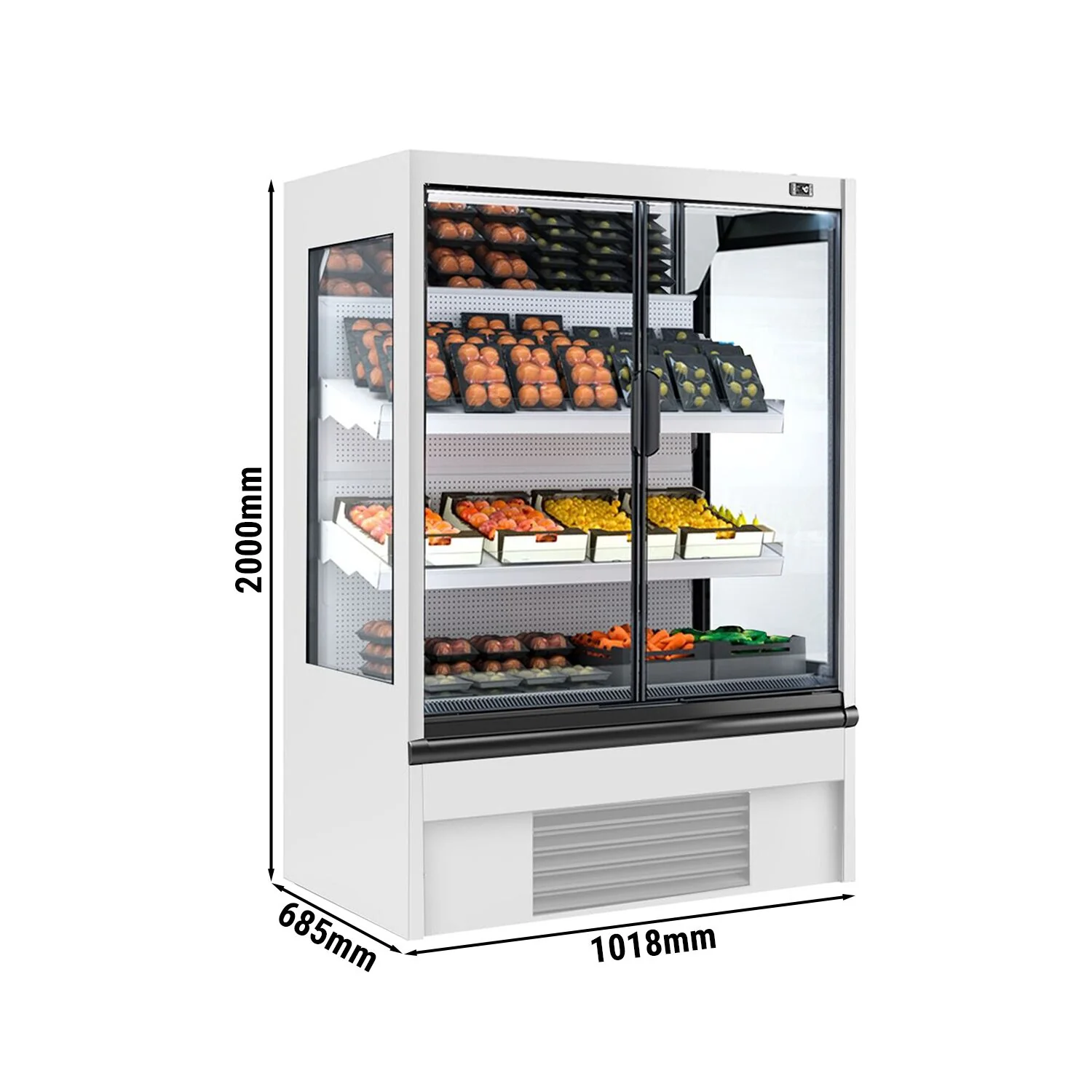 Kjølereol - 1 018 mm - 278 l - +4 °C til +6 °C - med 2 hengslede glassdører, med dobbelt isolerglass & 2 hyller - lukket bakvegg - hvit