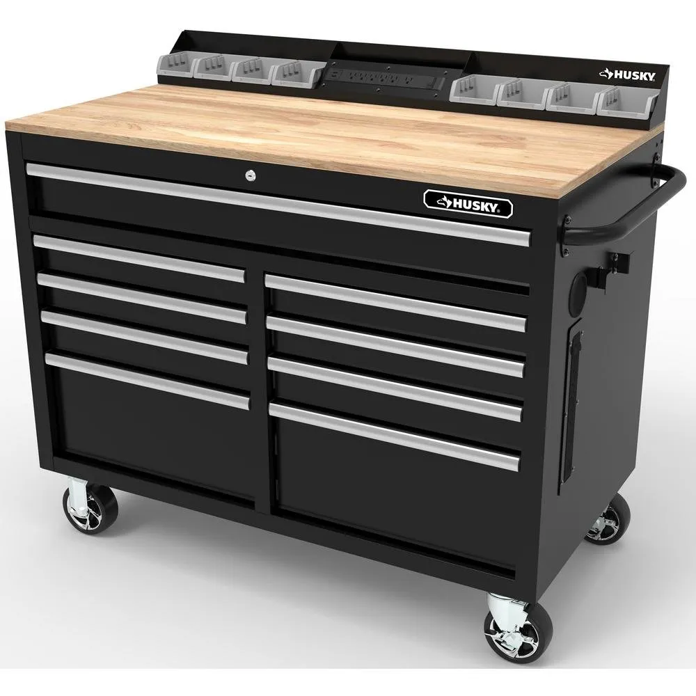 46-in W x 24.5-in D 9-Drawer Mobile Workbench with Hardwood Top and Power Station �C Gloss Black