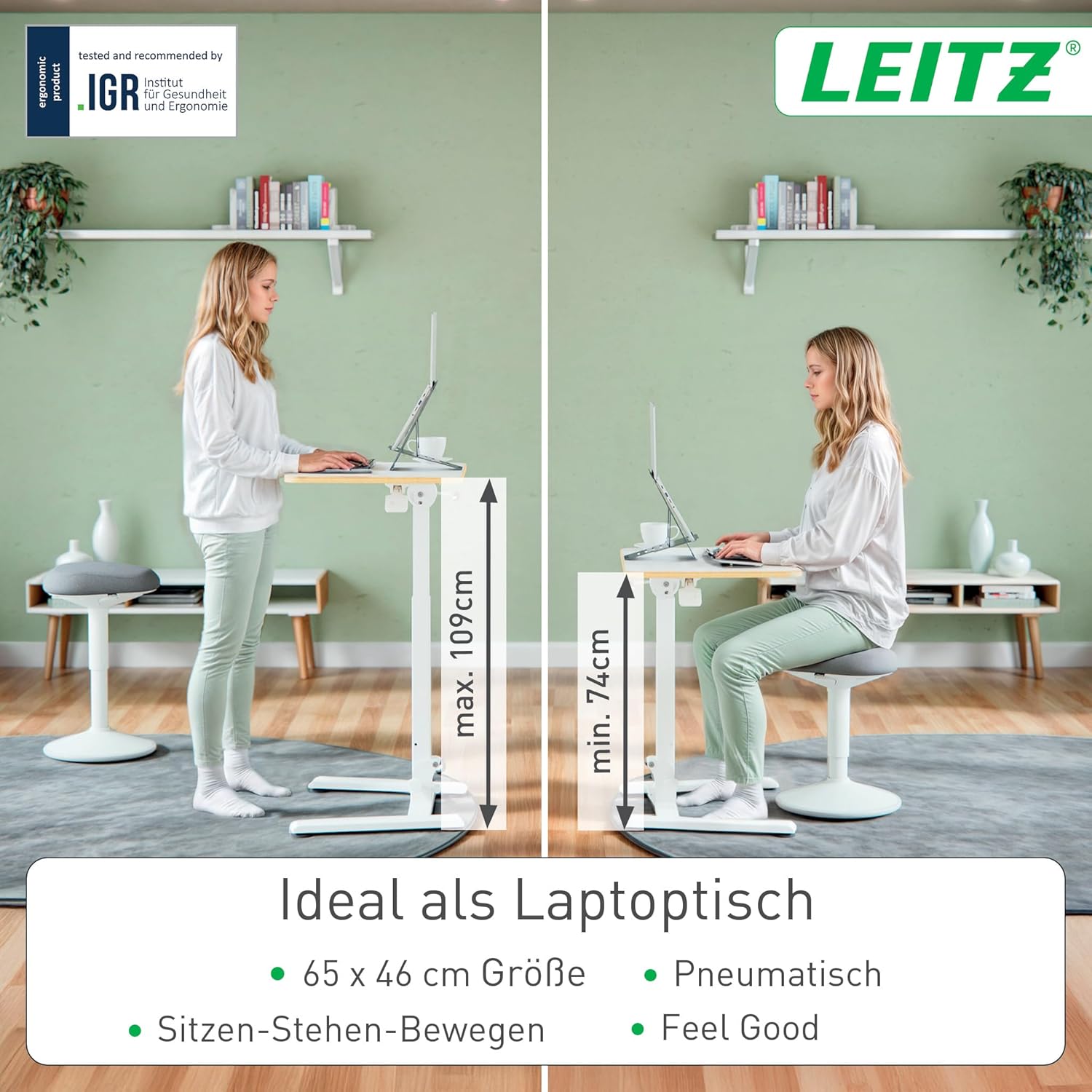 Leitz Ergo Klappbarer und höhenverstellbarer Schreibtisch, Kompaktes Stehpult mit Tragegriff, Ergonomischer Arbeitsplatz für das Home Office, Belastbar bis 20 kg, 65 x 48 cm, Weiß, 65880001