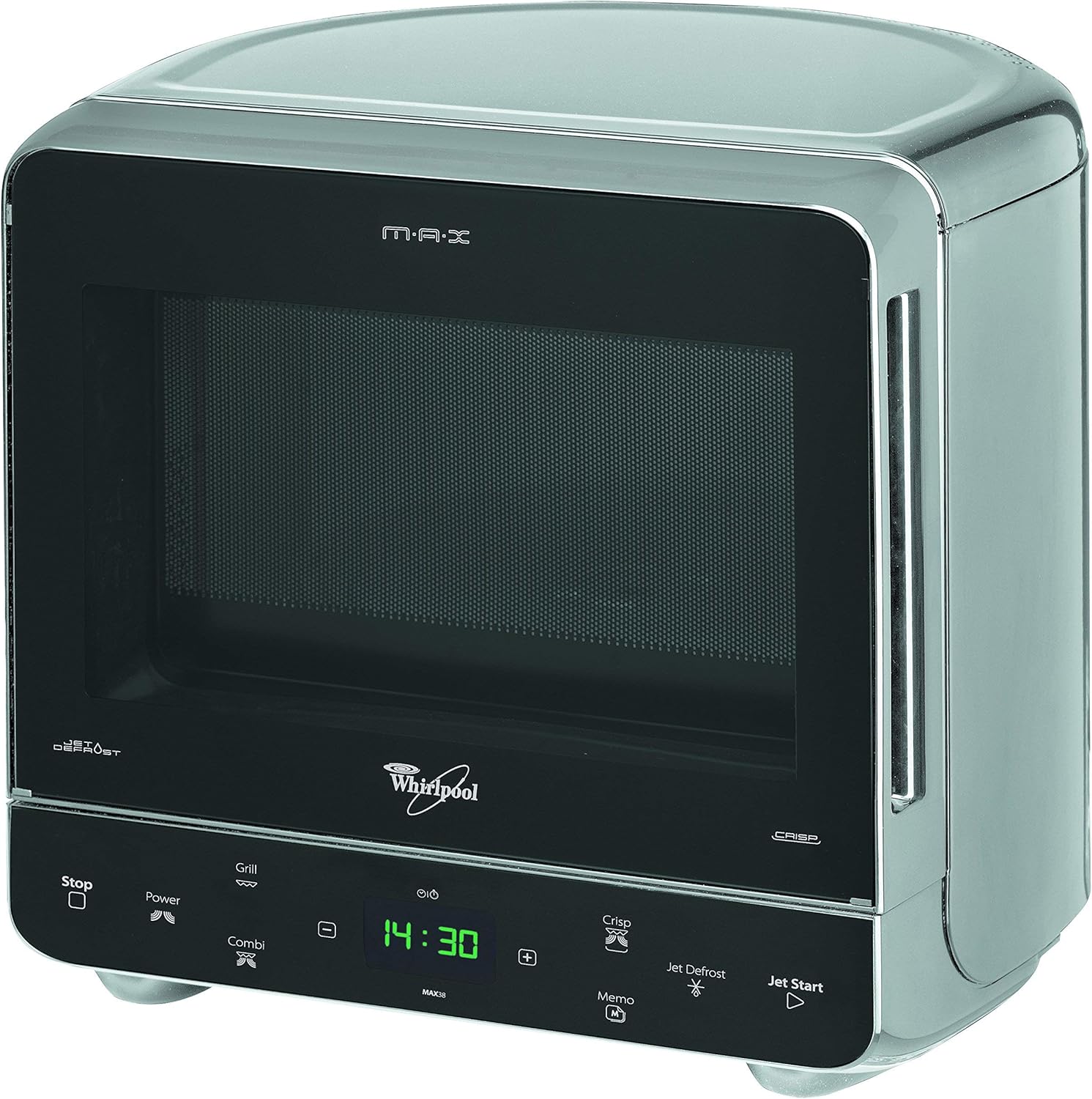 Whirlpool MAX 38 SL Kombination Grill und Mikrowelle / 700 W / 13 L Garraum / Crisp Funktion / Super-Kompakt Design besonders platzsparend in Ecken / Grill / Schnellauftau-Funktion, Silber