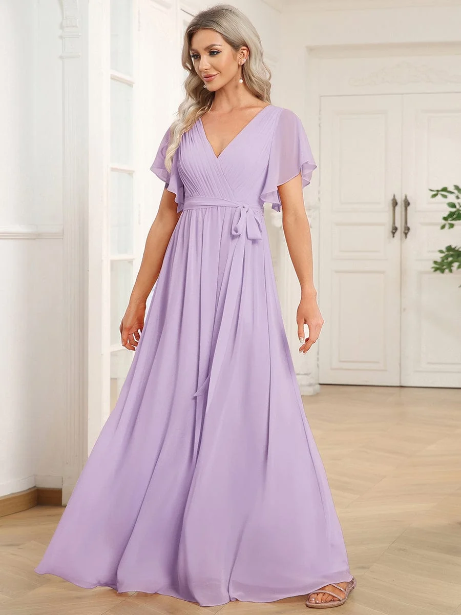 Abendkleid Damen Maxi A-Linie aus Chiffon | Festliches Kleid f��r Hochzeitsg?ste mit V-Ausschnitt und Fl��gel?rmeln