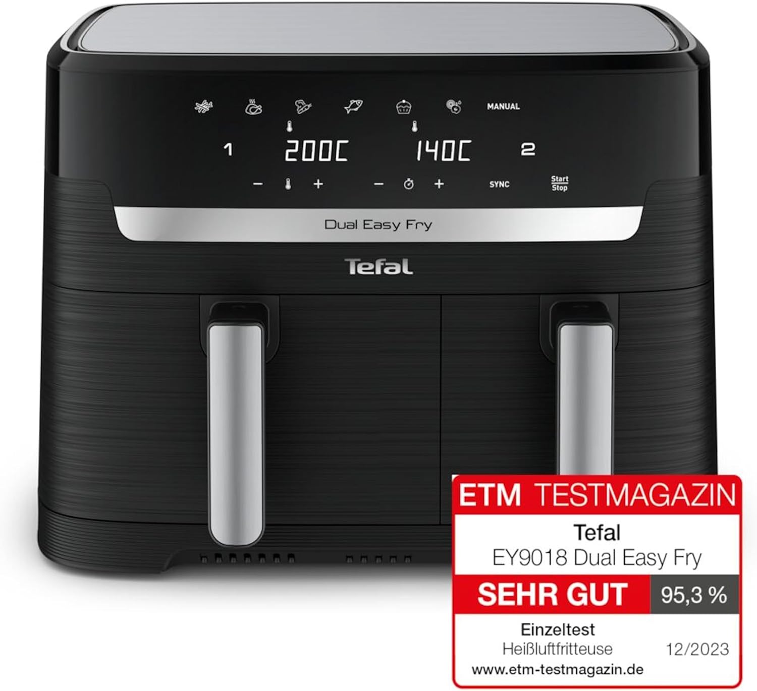 Tefal Dual Easy Fry Heißluftfritteuse Doppelkammer, 5,2/3,1 L Fassungsvermögen, zwei unabhängige Schubladen, 7 automatische Programme, energiesparend, schwarz, EY9018
