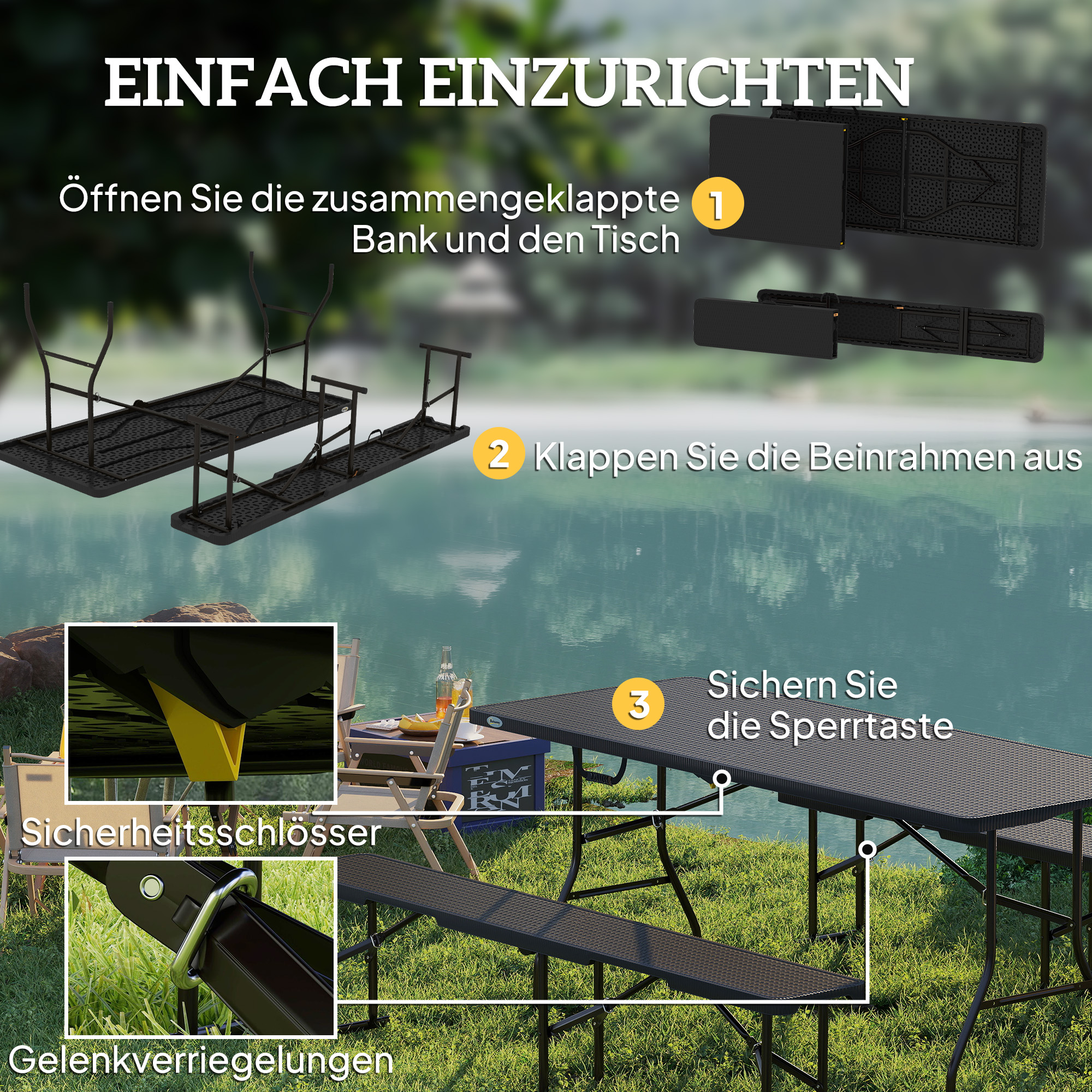 Outsunny Picknicktafel en Banken, 3-Delige Set, Opvouwbaar, Kunststof, Metaal, Zwart