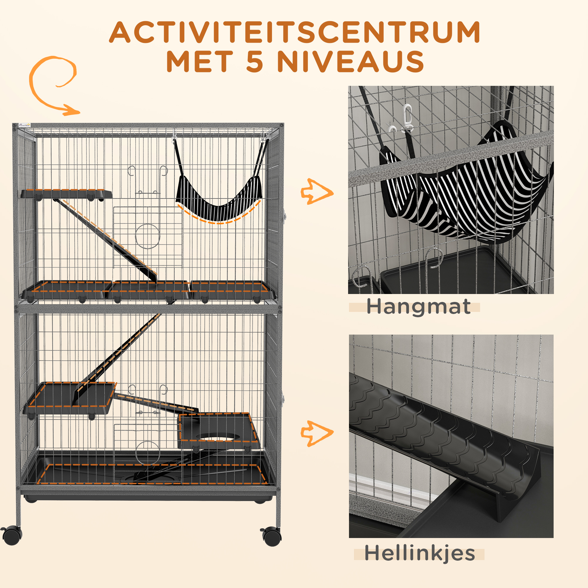 PawHut Kleine huisdierkooi met hangmat, knaagdierkooi met wielen, 4-verdiepingen kooi, Metaal, Kunststof, 80 x 52 x 128 cm, Grijs