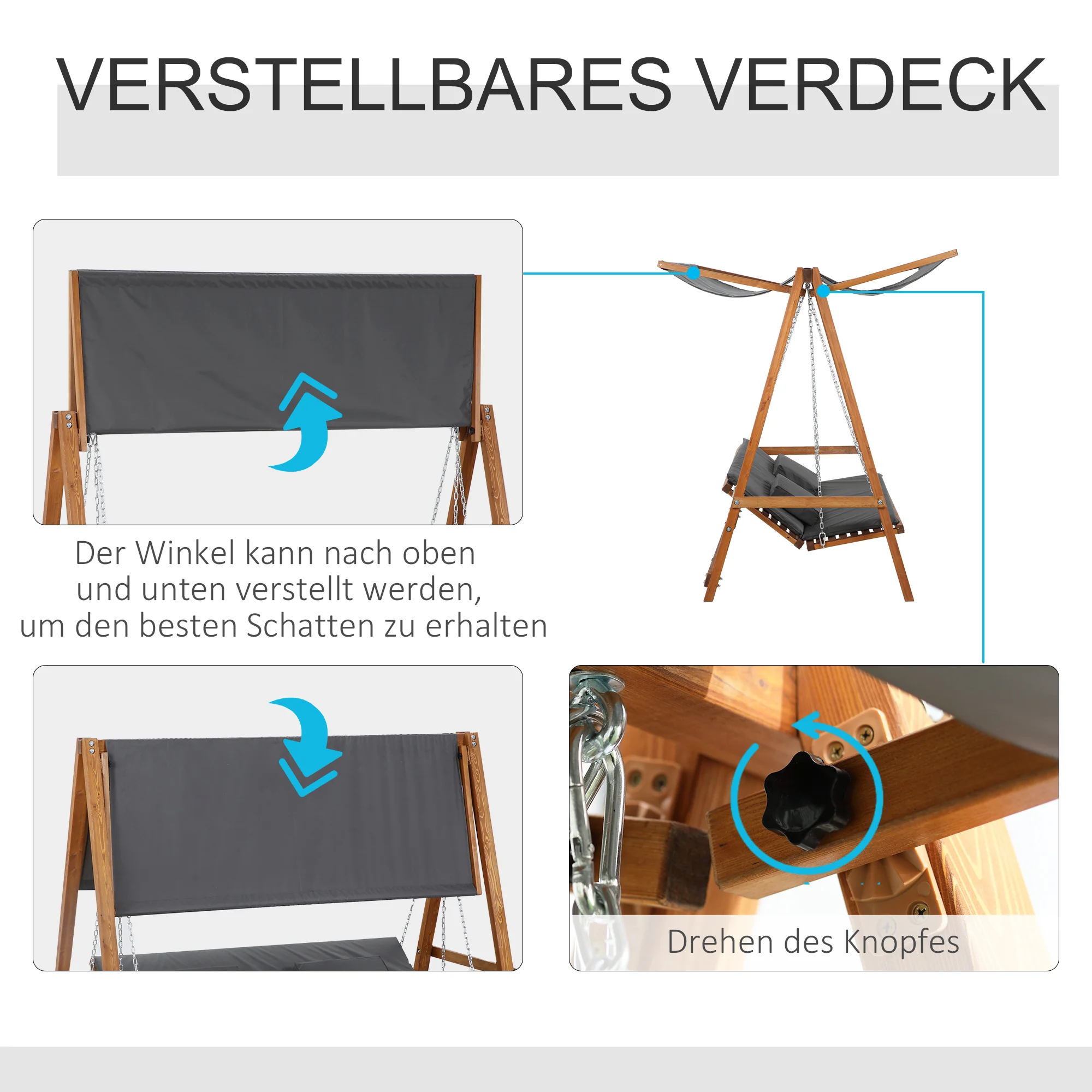 Outsunny hangmatschommel met bedfunctie 3-zits tuinschommel met dak ligbed tuinbank Lariks hout polyester grijs + teak 225.5 x 113 x 180 cm