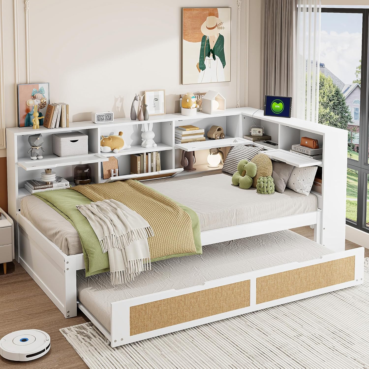 Tagesbett Schlafsofa 90x200, Holz Multifunktionsbett mit Ausziehbett 90x190 cm, USB-Steckdose und vielen Staufächern, Einzelbett Massivholzbett Kinderbett Daybett mit Lattenrost, Ohne Matratze, Weiß