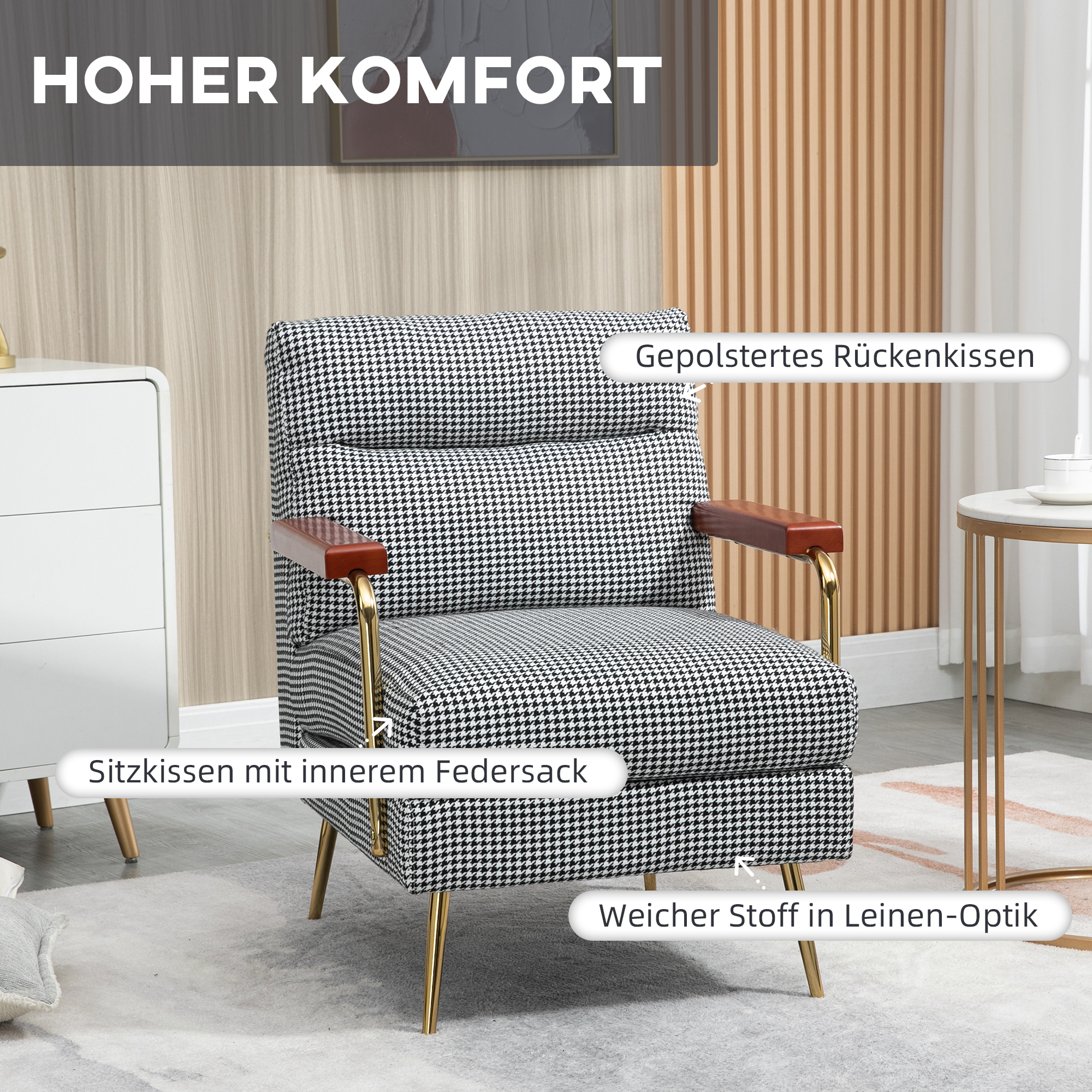 Fauteuil in retrodesign, accentstoel, pied-de-poulepatroon, houten elementen, binnenvering, zwart+wit