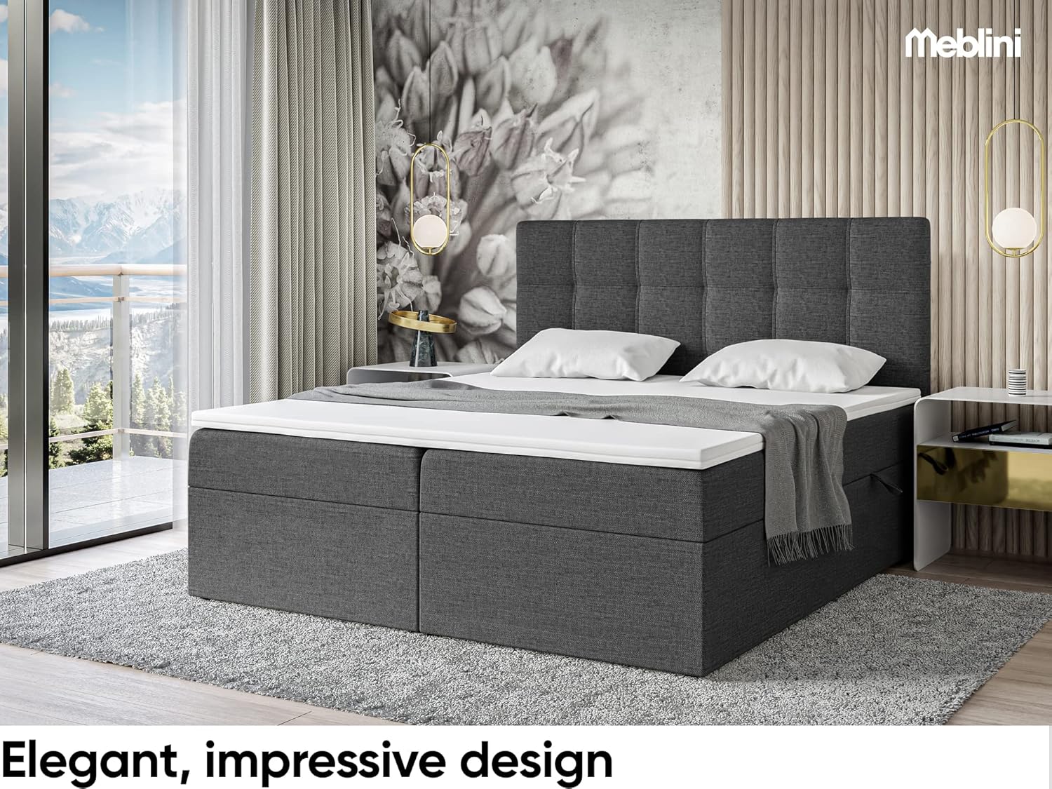 MEBLINI Boxspringbett mit Bettkasten - Gepolstert Doppelbett mit Matratze und Topper - Polsterbett mit Stauraum - Bett mit Kopfteil - Stauraumbett - NILS - 140x200 - H3/Dunkelgrau Webstoff
