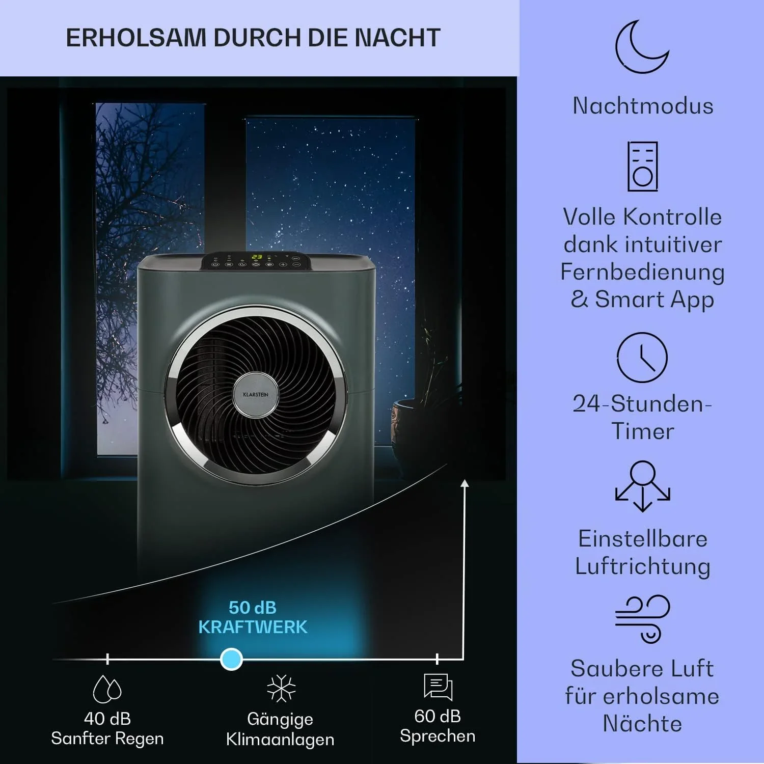Klarstein Mobile Klimaanlage mit Abluftschlauch, 5-in-1 Klimager?t, Ventilator, Luftentfeuchter, Luftreiniger & Nachtmodus, App-Steuerung, Kleine & Portable, f��r Wohnung & B��ro, 12000 BTU