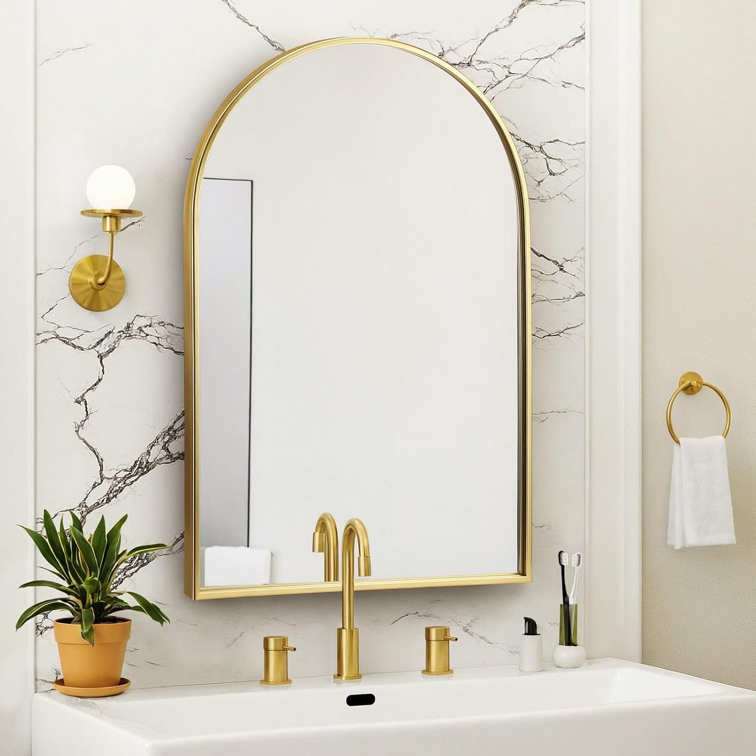 Gold Arch Wall Mirror 90x60cm with Metal Frame for Bathroom and Living Room