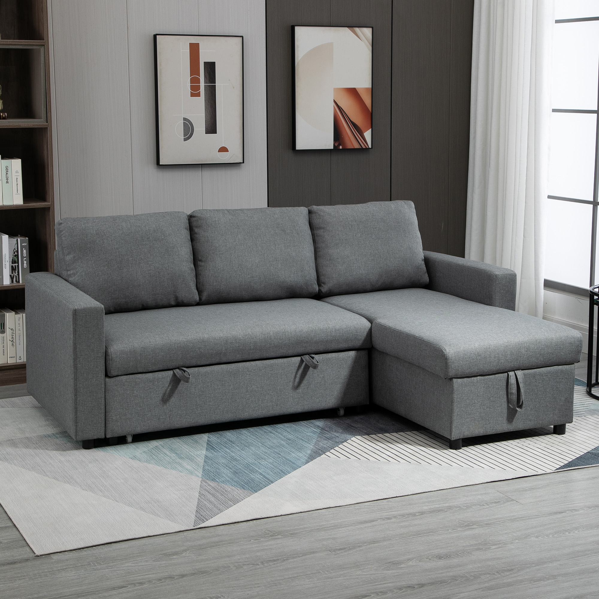 HOMCOM hoekbank met slaapfunctie opbergruimte hoekbank met bedstee chaise longue slaapbank stoffen bank L-vorm linnen touch lichtgrijs 211,5 x 146 x 85 cm