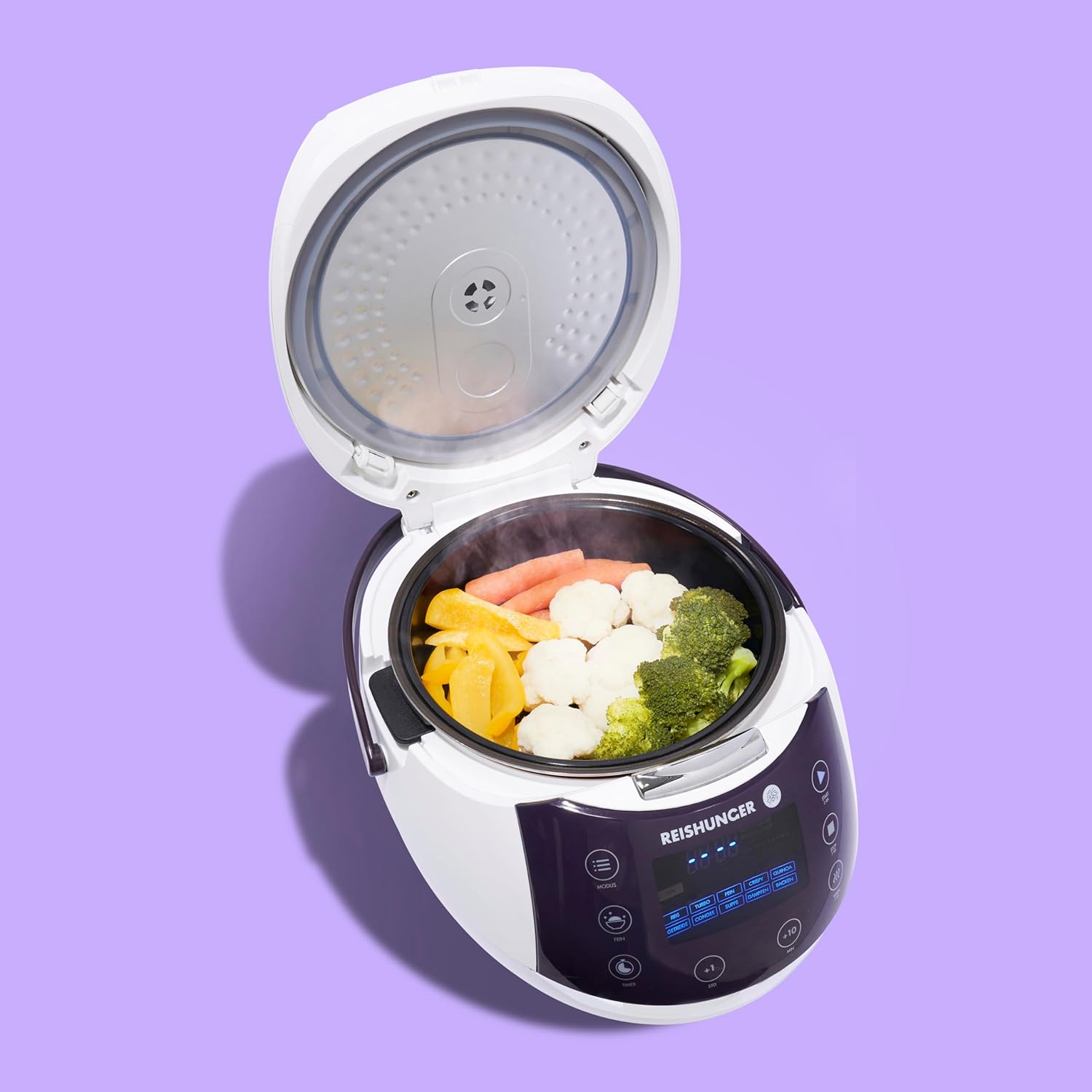 REISHUNGER Digitaler Reiskocher & Dampfgarer Schwarz | 1,5 L bis 8 Personen | Warmhaltefunktion, Timer & Premium Innentopf | Multikocher, 12 Programme, 7-Phasen-Technologie