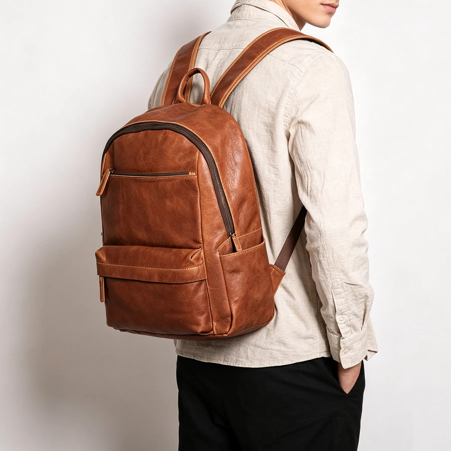 Top Grain Zipper Leather School Backpack Rucksack