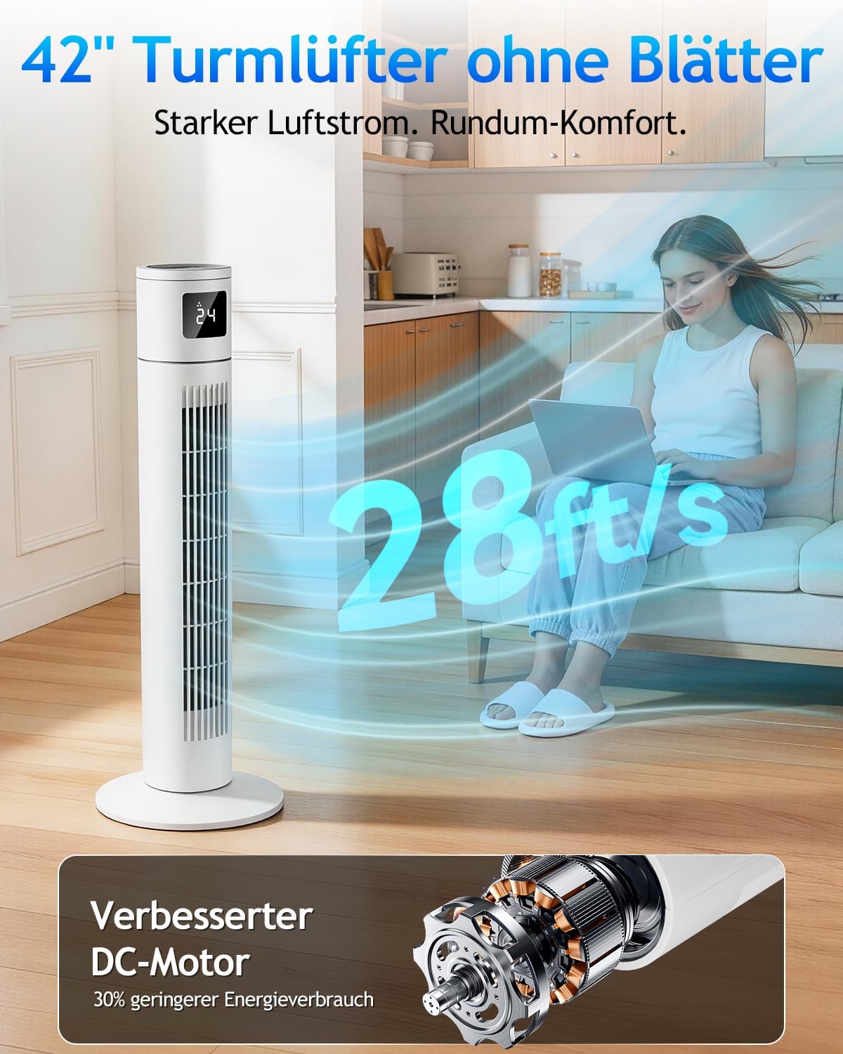 Timiyou Turmventilator 20dB Sehr Leiser für Schlafzimmer & Kühlung mit Fernbedienung | 3 Geschwindigkeitsstufen, 12h Timer, 60° Oszillation, Temperaturanzeige