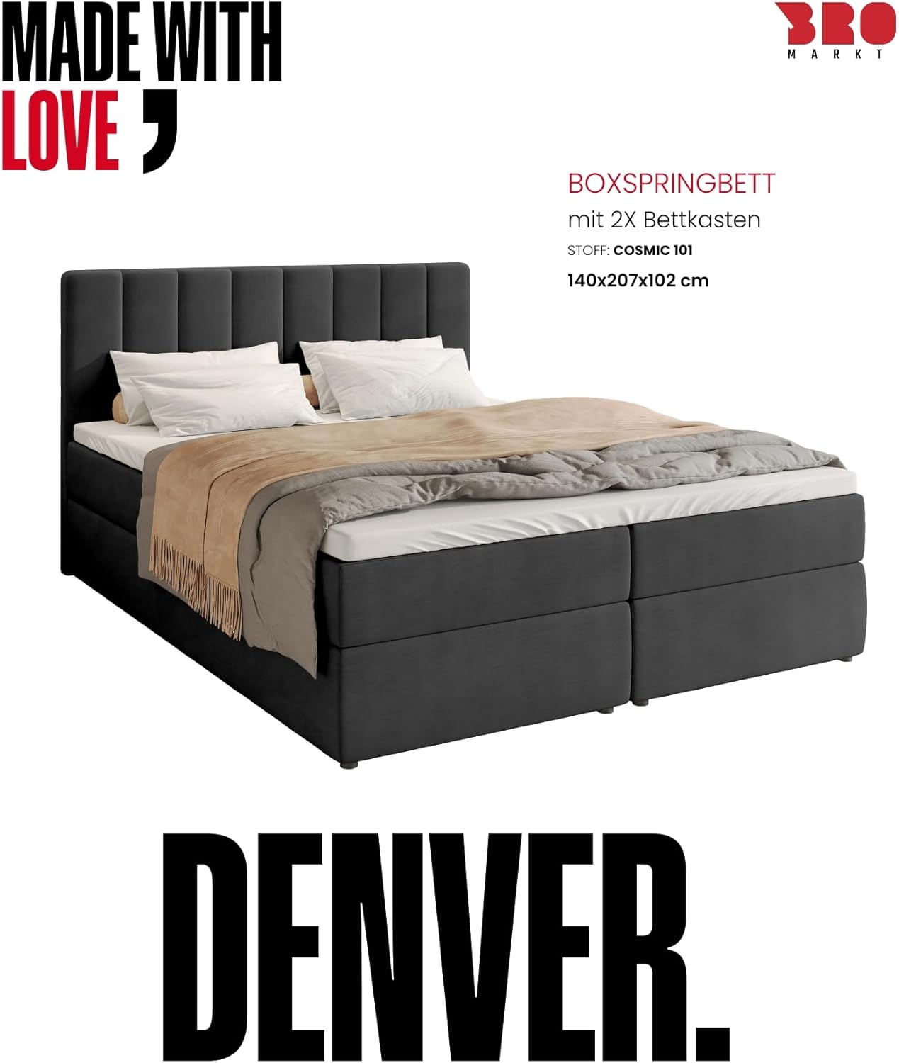 BROMARKT Boxspringbett mit Bonell Matratze Härtegrad H3 140x200cm Polsterbett mit Bettkasten Doppelbett mit Topper gepolsterte Kopfstütze Bett für Schlafzimmer Denver Dunkelgrau