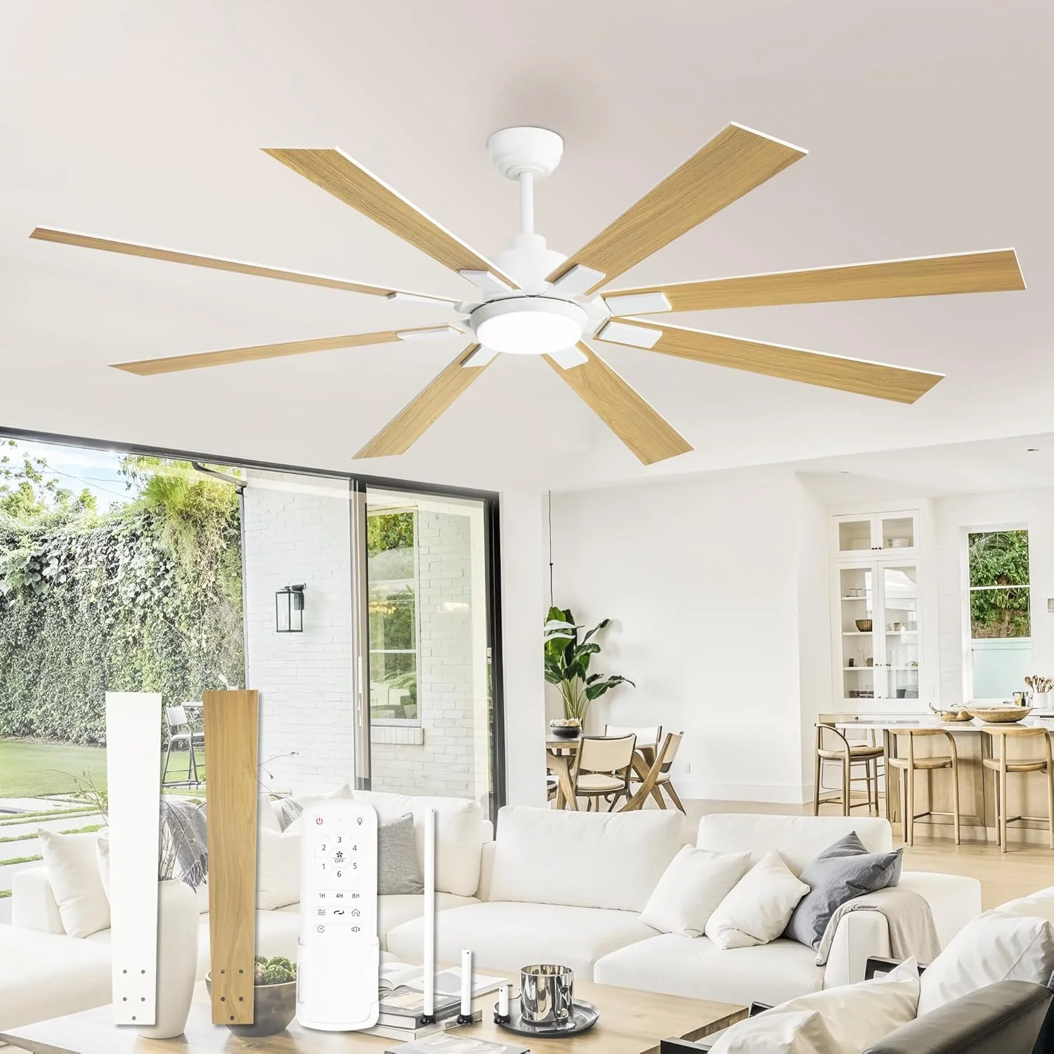 ZMISHIBO 72 inch Large Ceiling Fans with Lights and Remote. Indoor/Outdoor Black Modern Ceiling Fan for Kitchen Living Room Patio. 6 Speed Reversible Quiet DC Motor. 3 CCT. Dual Finish 8 Blades