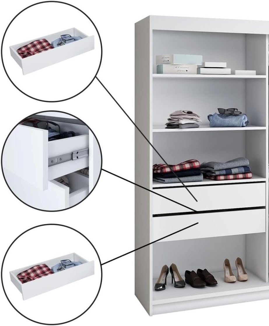 A&J MöbelLand Mero Schwebetürenschrank 200 cm, Kleiderschrank 3-türig mit 4 Schubladen (Sonoma/Sonoma/Sonoma/Sonoma)
