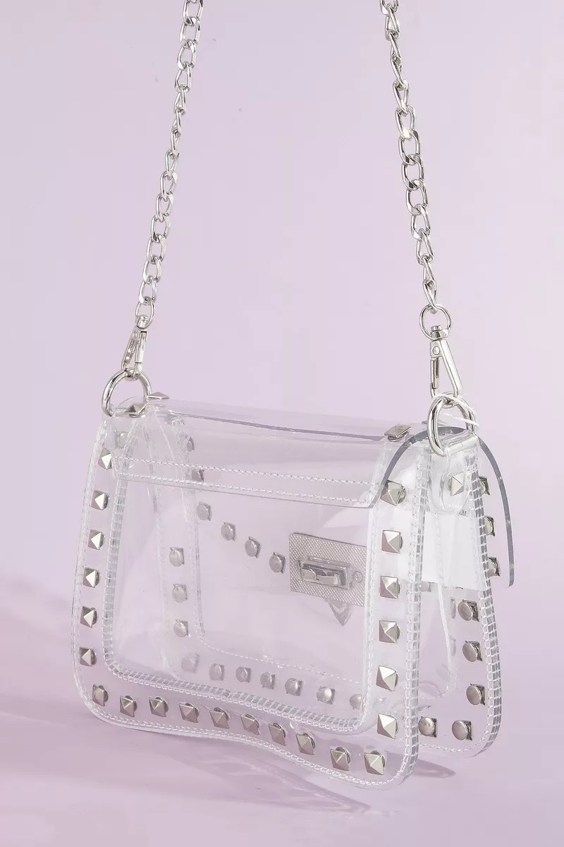 Fame Clear Studded Crossbody Stadium Bag With Chain Strap